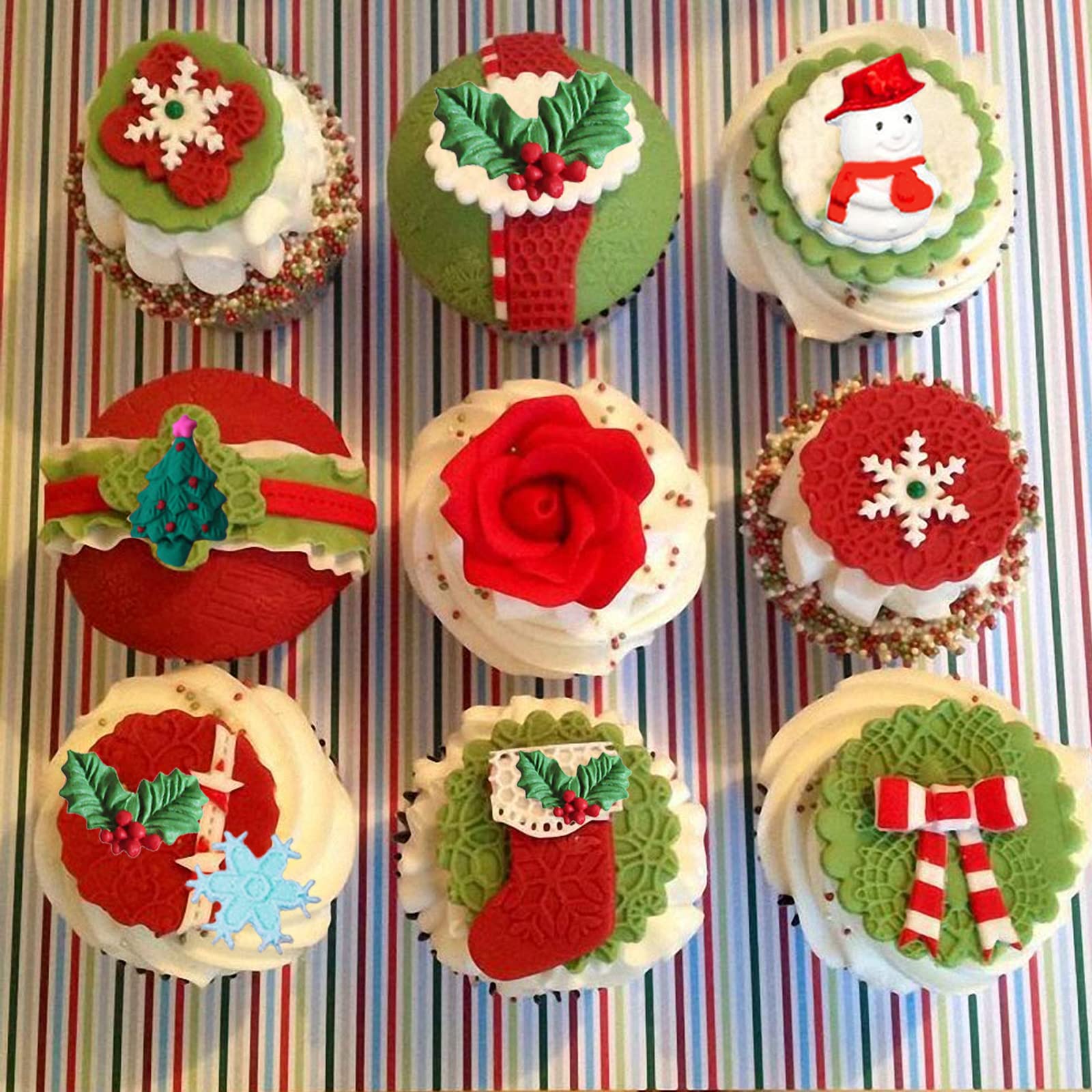 Christmas Snowflake Fondant Silicone Molds 3 Pcs, Christmas Holly Leaf Sock Walking Stick Chocolate Mold For Cake Decoration Can