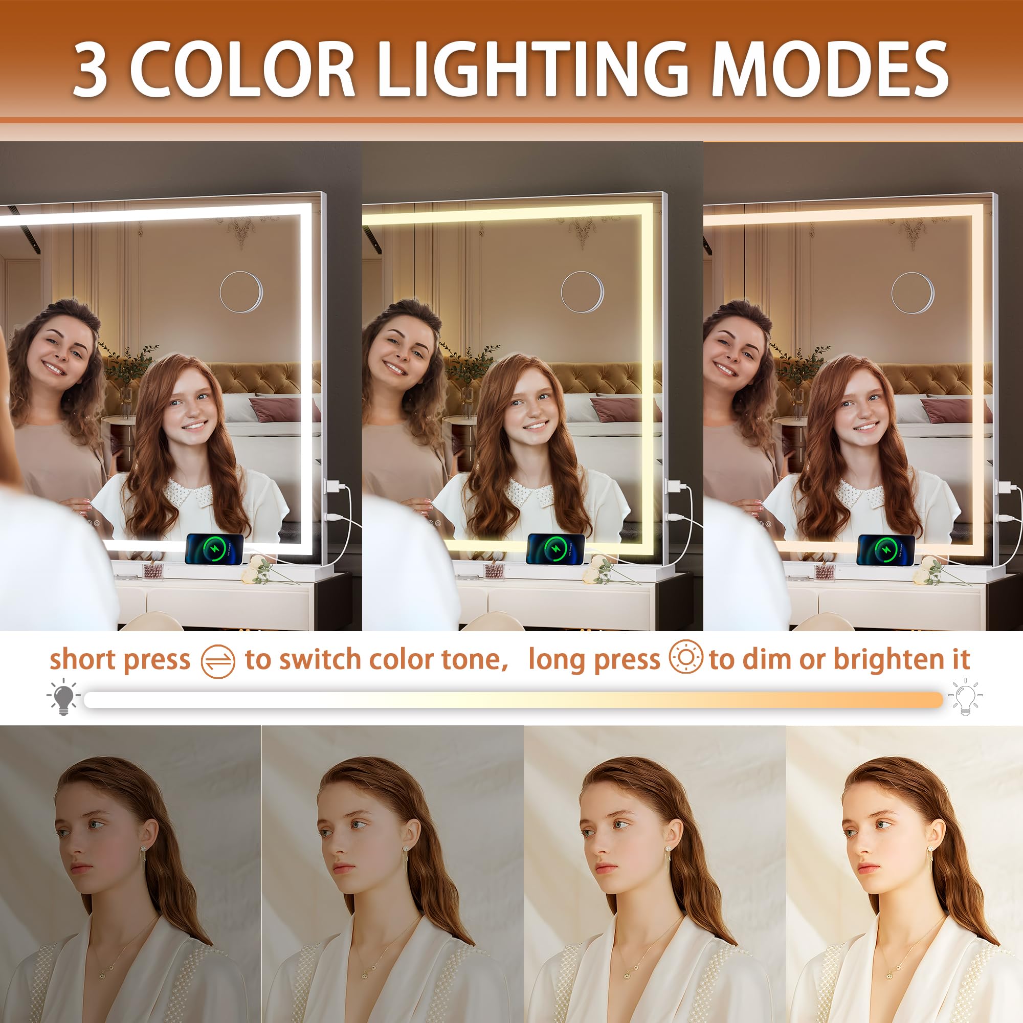 Hasipu Vanity Mirror With Lights, 47'' X 30'' Led Makeup Mirror, Lighted Makeup Mirror With Dimmable 3 Modes, Touch Screen Contr