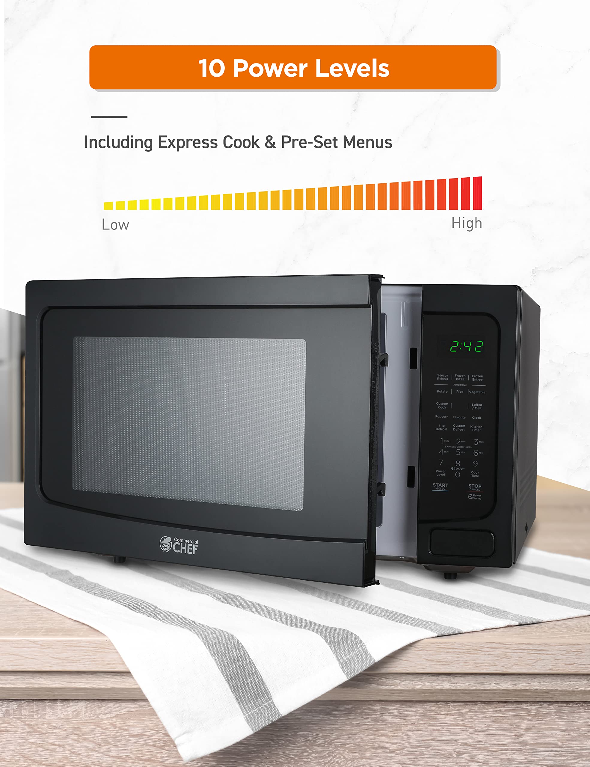 Commercial Chef 1.6 Cubic Foot Microwave With 10 Power Levels, Small Microwave With Push Button Child Safety Lock, 1100 Watt Mic