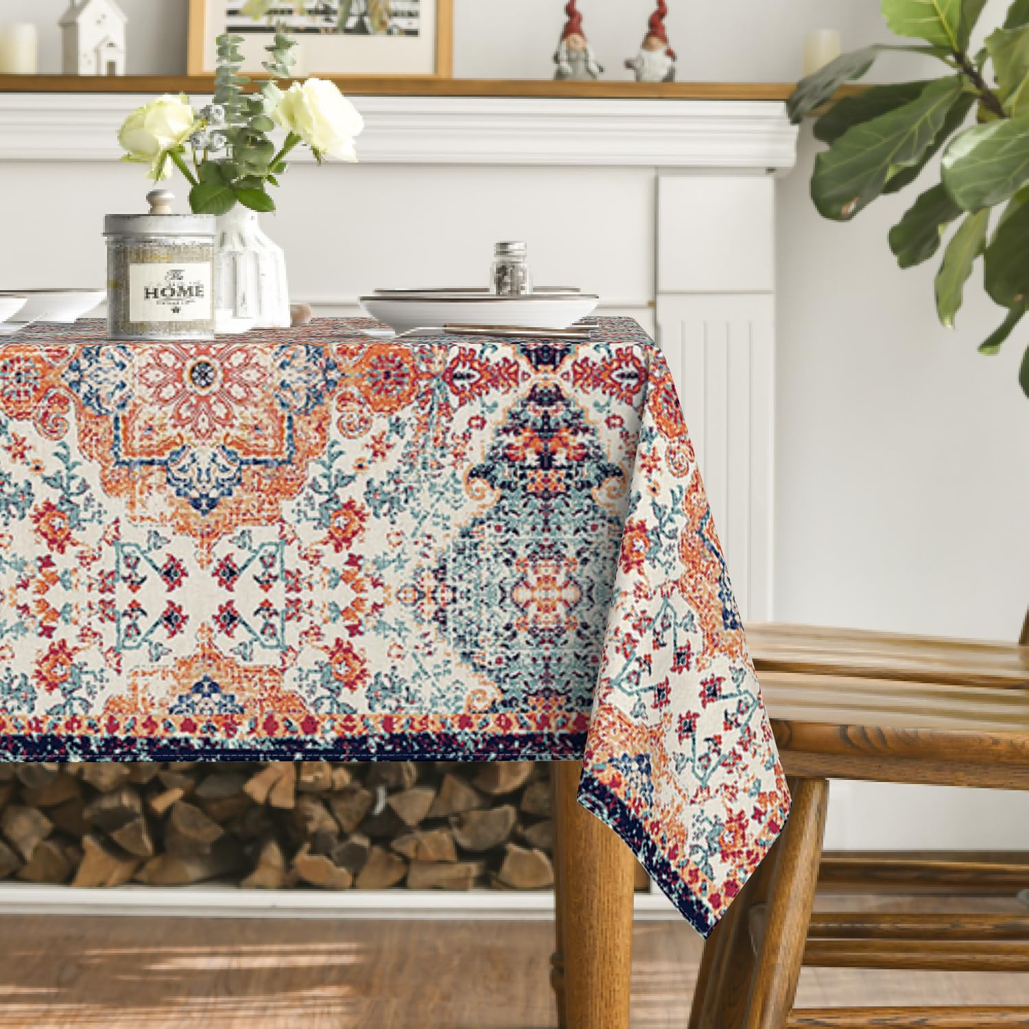 Horaldaily Boho Bohemia Style Tablecloth 52  70 Inch Rectangular, Vintage Country Rustic Farmhouse Magical Orange Washable Table