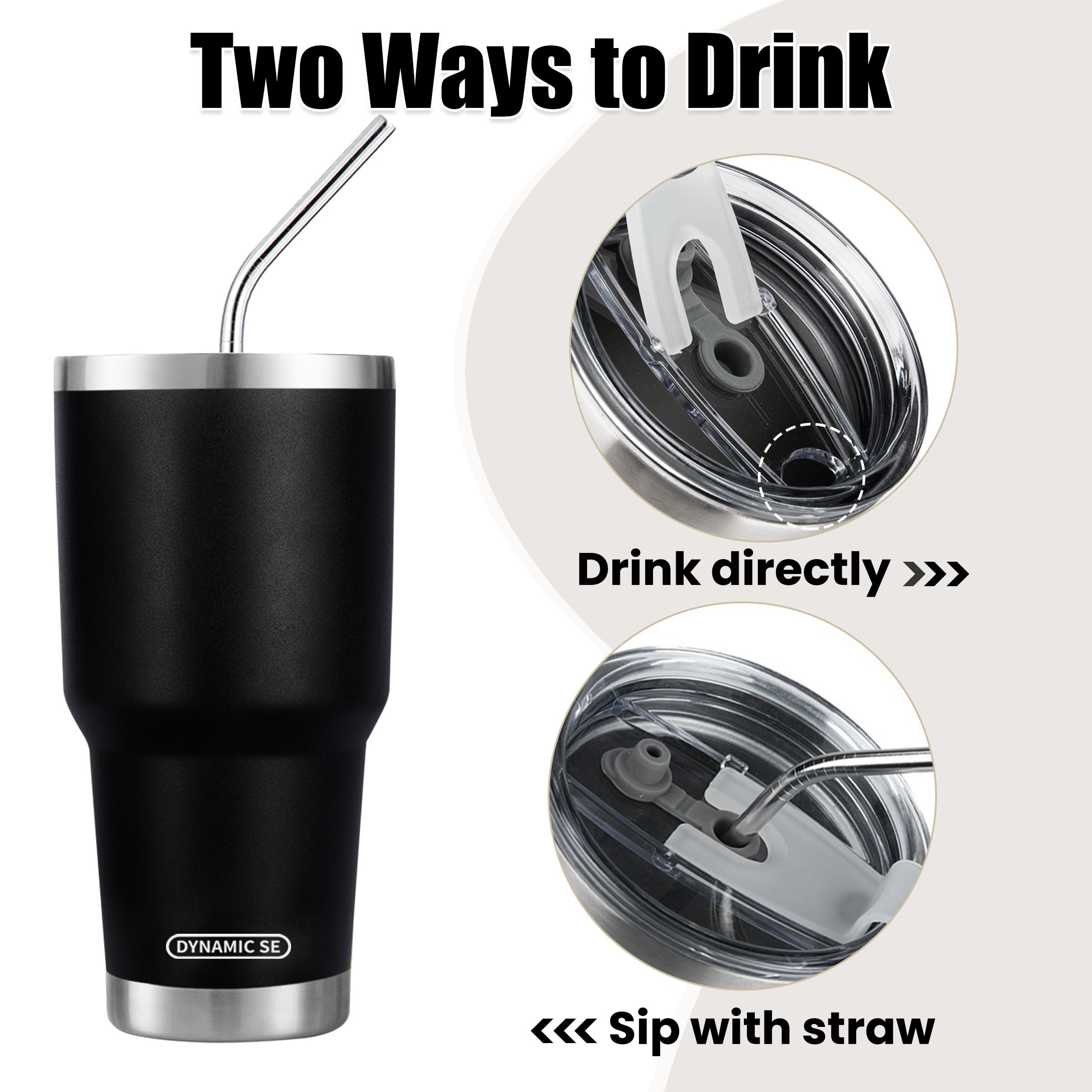 DS 30 oz Black Tumbler Stainless Steel Double Wall Vacuum Insulated Mug with Straw and Lid, Cleaning Brush for Cold and Hot Beve