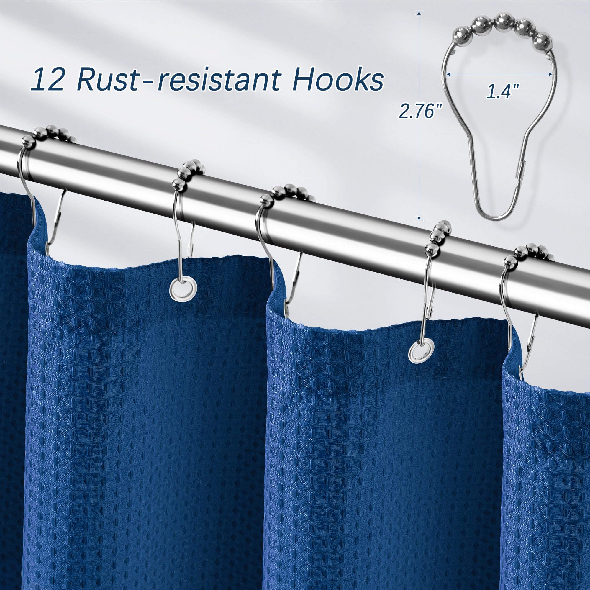 Pangsinne Classic Blue Shower Curtain 256Gsm Heavy Duty Waffle Woven Bathroom Shower Curtains, Weighted Fabric Shower Curtains F