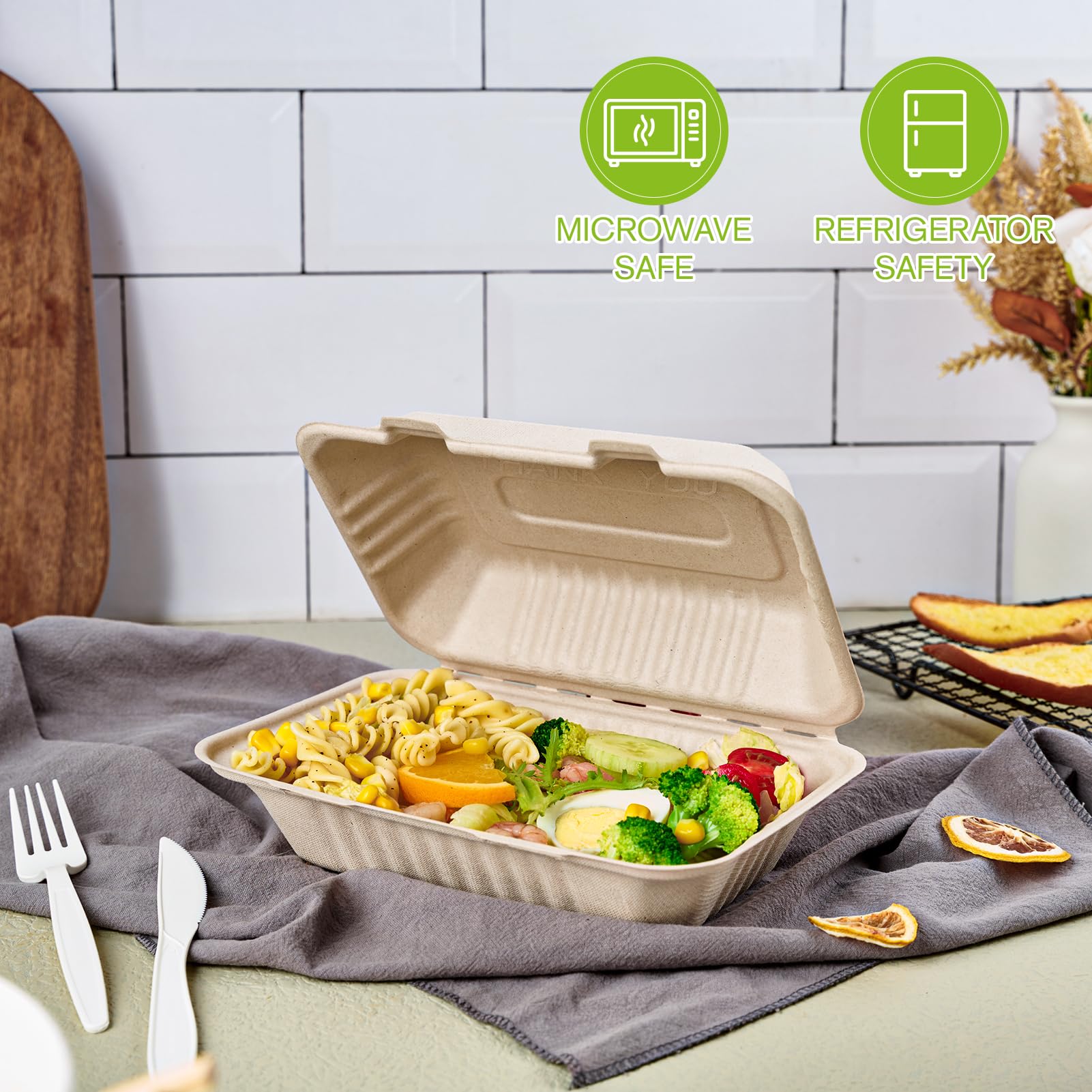 ECOLipak 75 Pack Clamshell Take Out Food Containers  100% Compostable To Go Containers Disposable  9X6 Heavy-Duty To Go Boxes  Eco-Friendly Biodegradable To Go Containers For Food