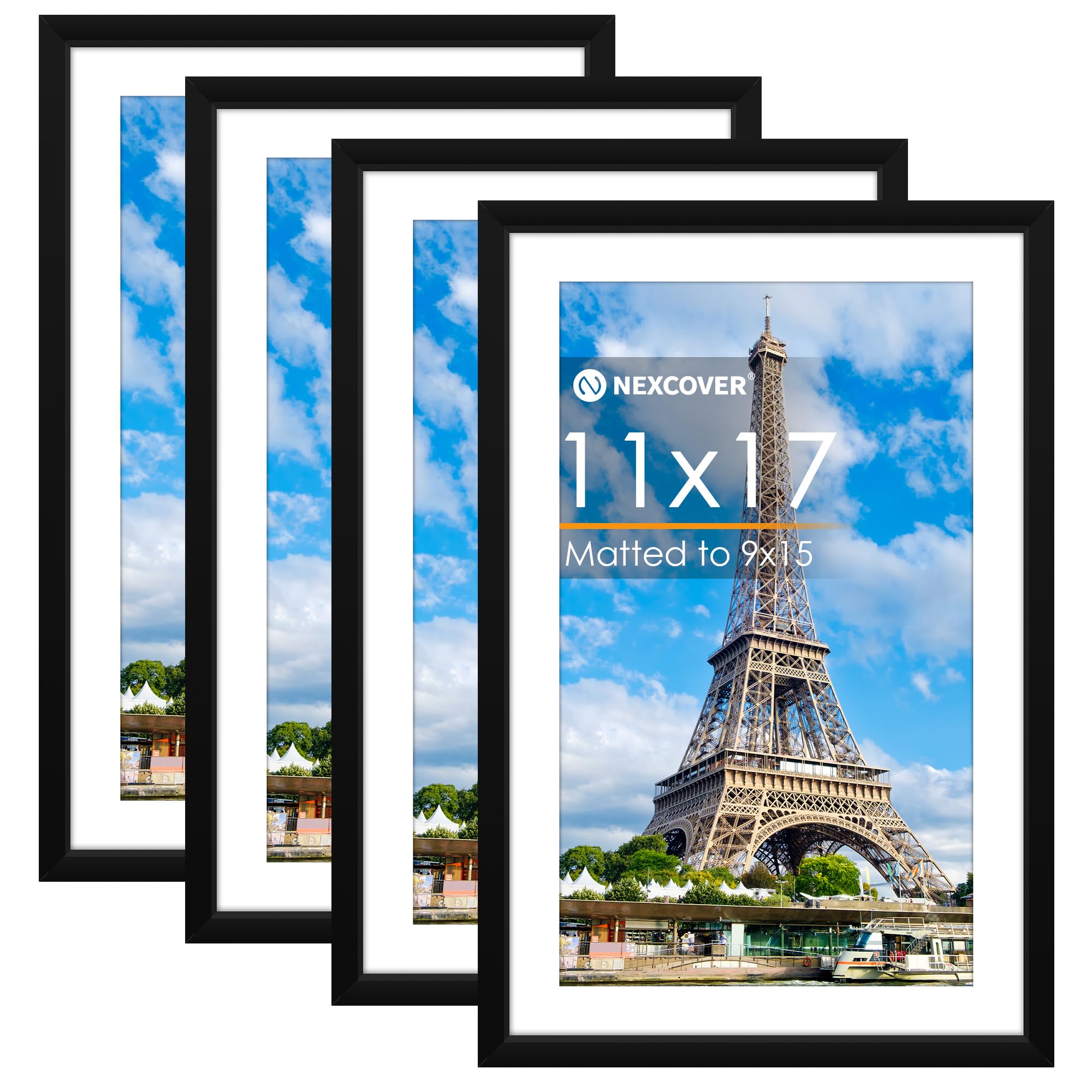 NEXCOVER 11x17 Picture Frame Matted to 9x15, Black 4PK Picture Frames 17x11 for Horizontal and Vertical Wall Hanging, Lightweigh