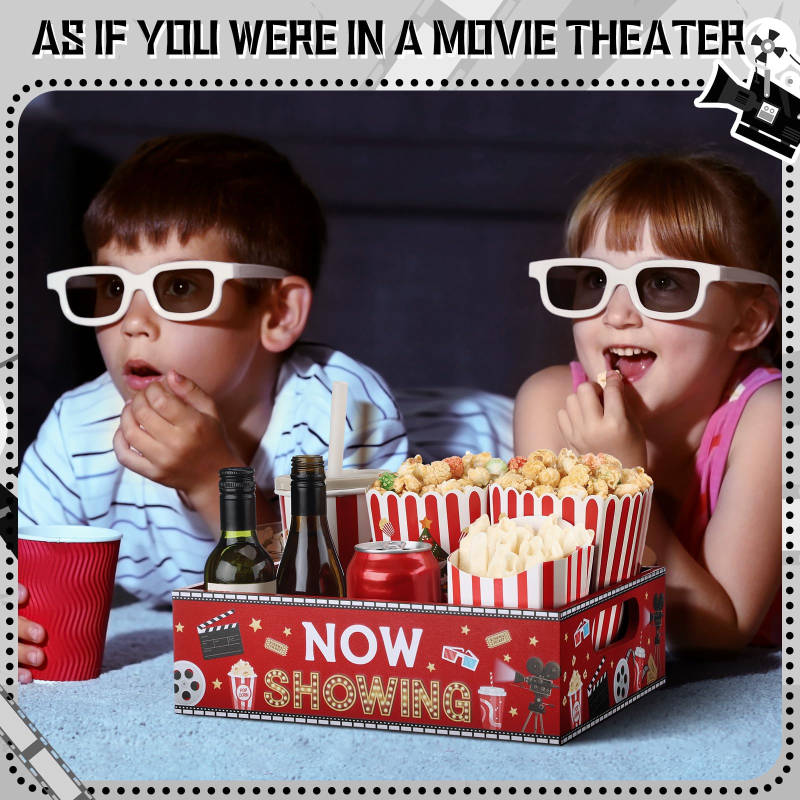 Movie Night Snack Tray with Handles and 4 Compartments for Theater Popcorn Bucket Bowl Box Reusable Wooden Gift Basket Organizer