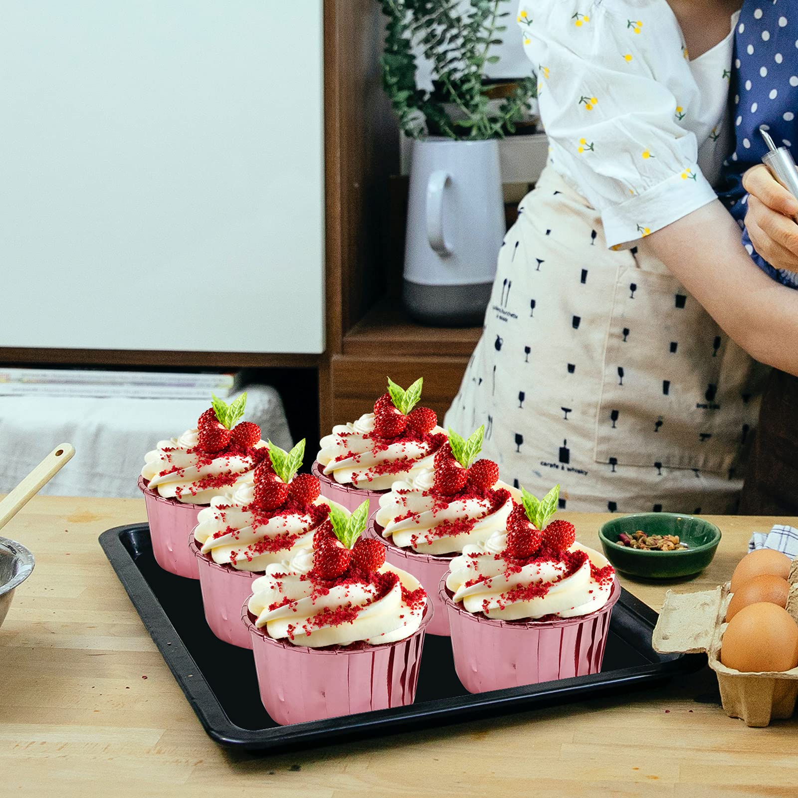 Foil Cupcake Liners Baking Cups With Lids 100 Pack,Lnyzqus 5.5 Oz Large Cupcake Tins Muffin Cups,Disposable Ramekins With Lids,C