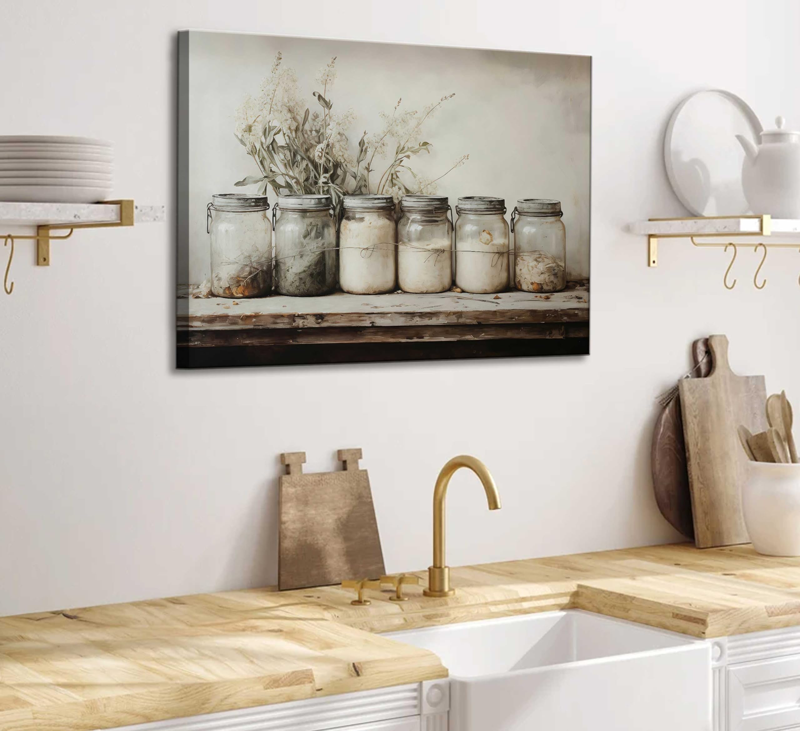 Farm Kitchen Canvas Wall Art Rustic Vintage Country Mason Jar Spice Still Life Culinary Art Painting Picture Farmhouse Wall Deco