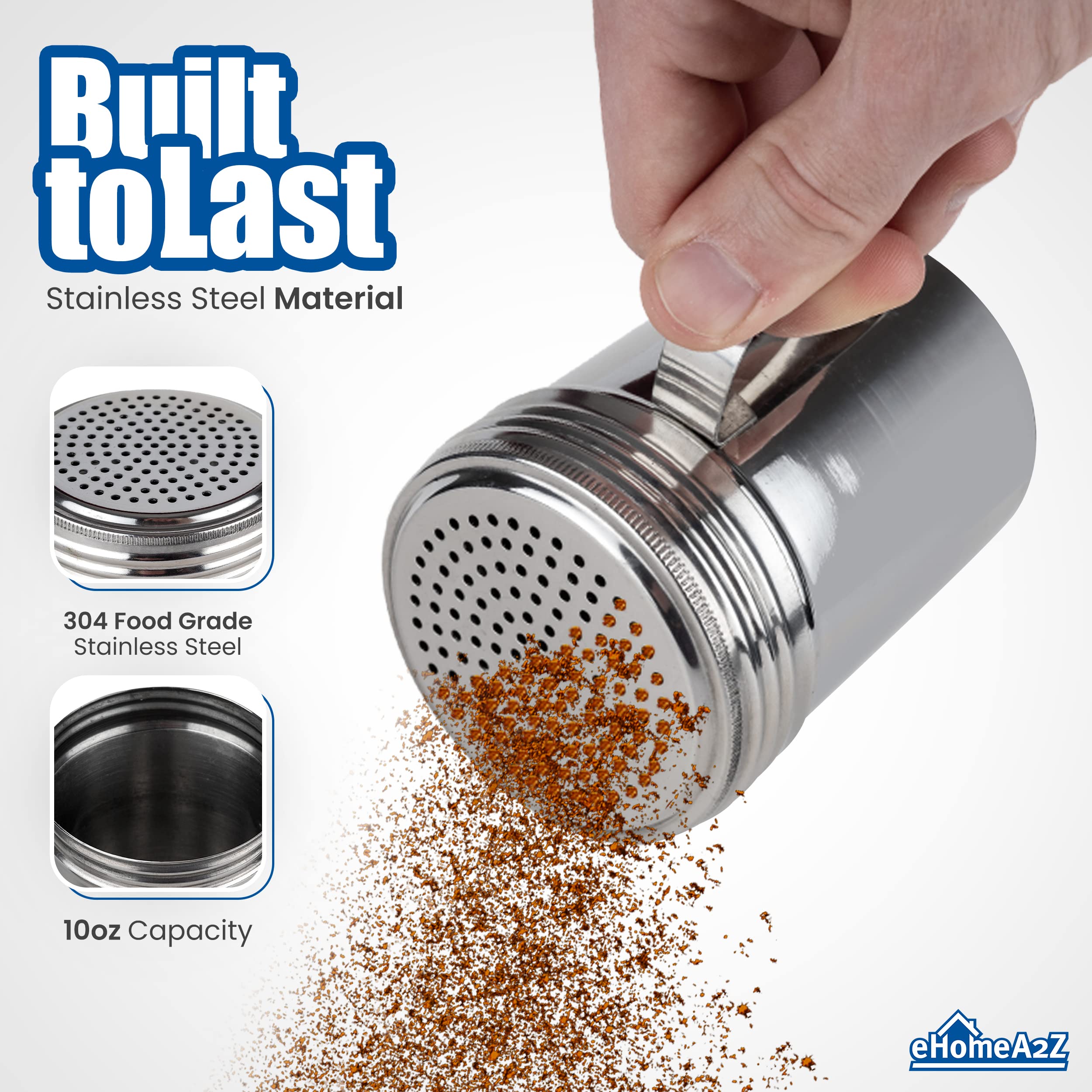 Ehomea2Z Stainless Steel Dredge Shaker Ideal For Salt, Spice, Sugar (2, 10 Oz With Handle)