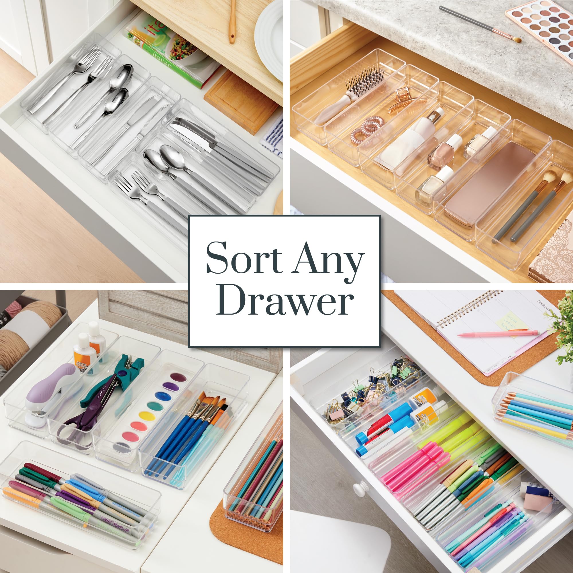 STORi SimpleSort 6-Piece Stackable Clear Drawer Organizer Set | 9 '' x 3 '' x 2 '' Rectangle Trays | Narrow Makeup Vanity Storag