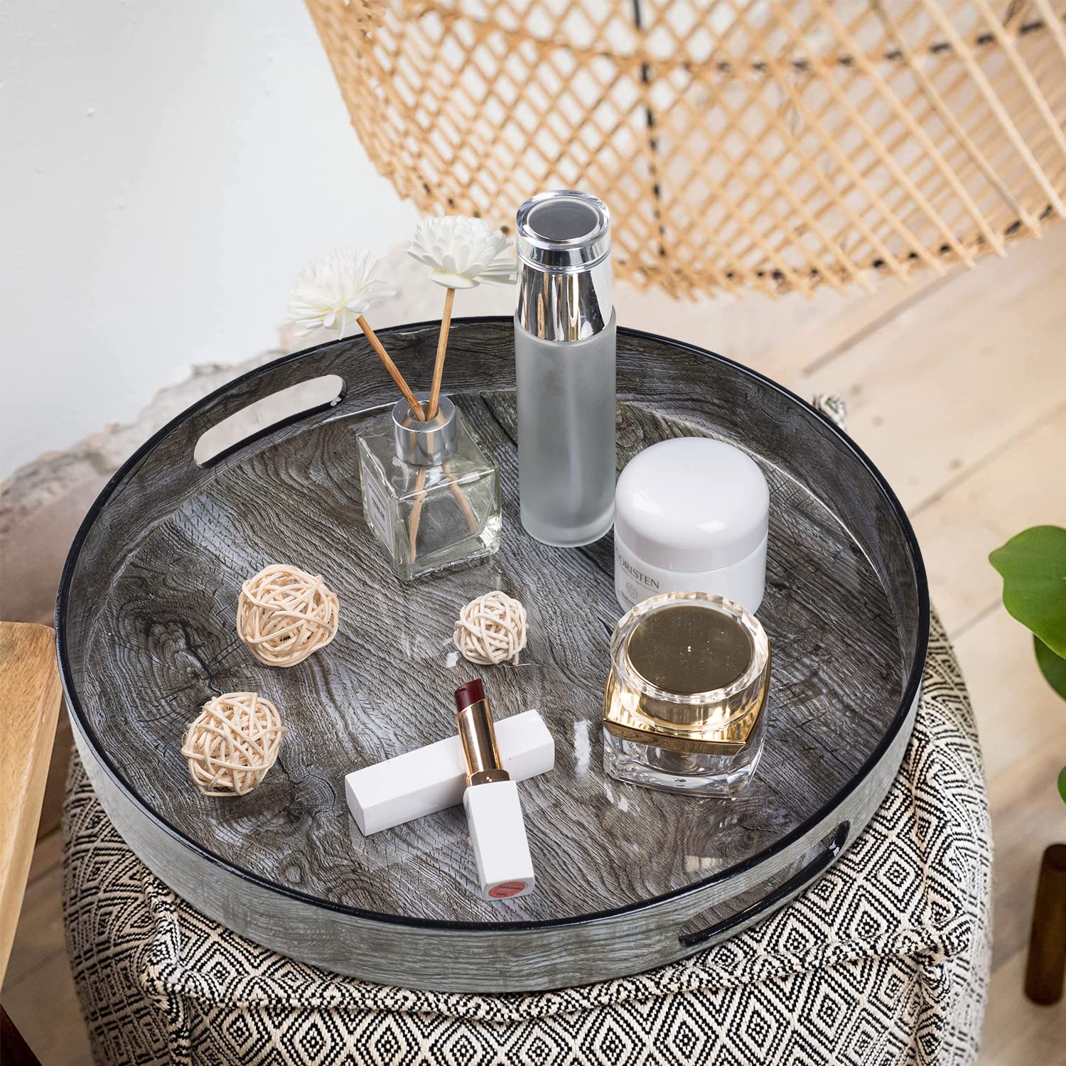 MAONAME 13'' Round Decorative Tray  Plastic Tray with Handles  Coffee Table Tray  Serving Tray for Ottoman  Bathroom  Kitchen (Sticker Wood Grain)