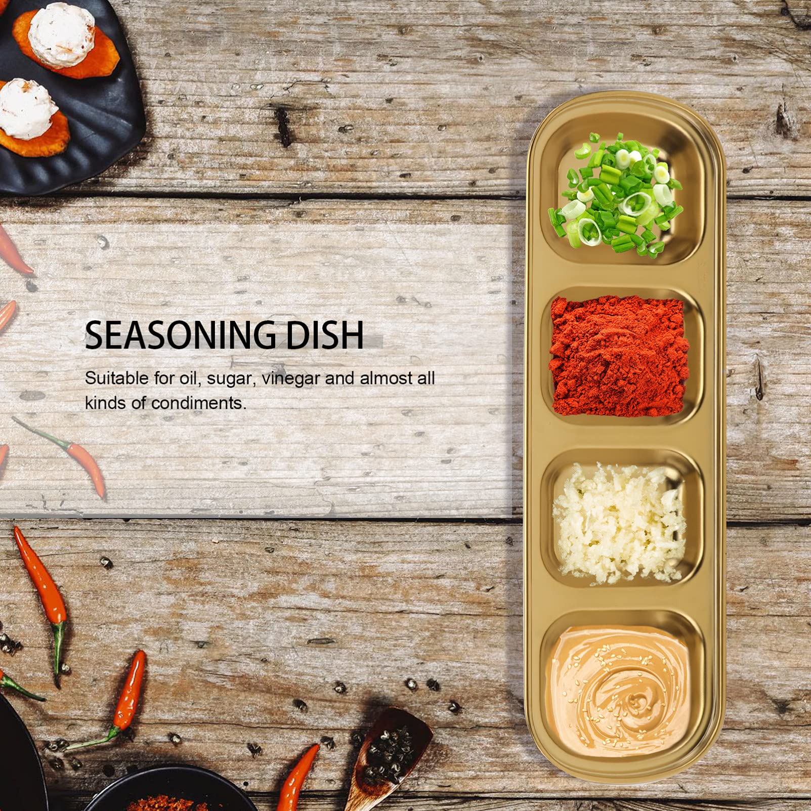 Zerodeko Sauce Dish 4-Grid Dipping Tray - Stainless Steel Serving Platter - Condiment Seasoning Dipping Bowl Snack Sushi Tray Su