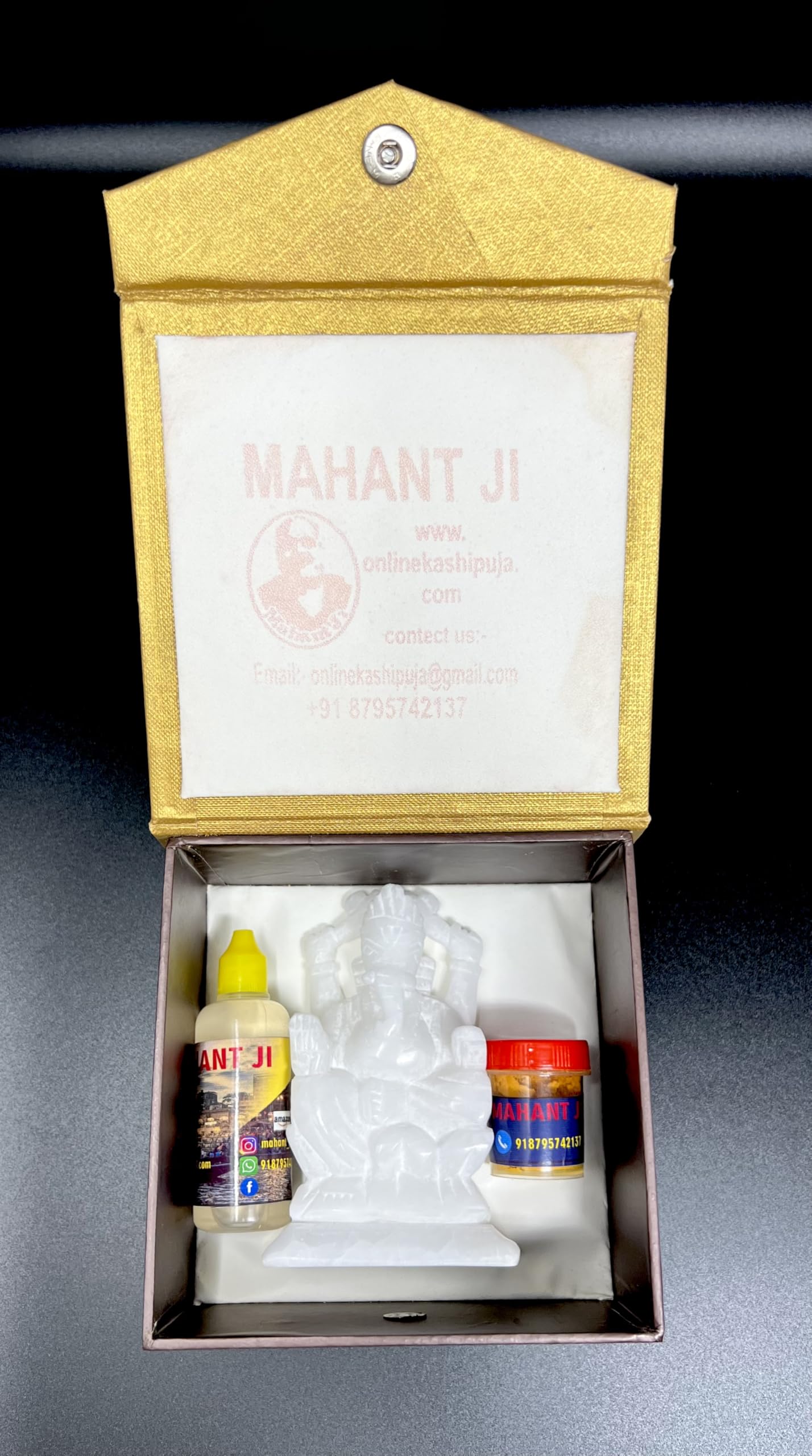 Mahant Ji Pure Siddha Marble Ganesha Idol Or Ganesh Ji Ki Murti Right Side Trunk With Gangajal And Chandan From Kashi (Weight 18