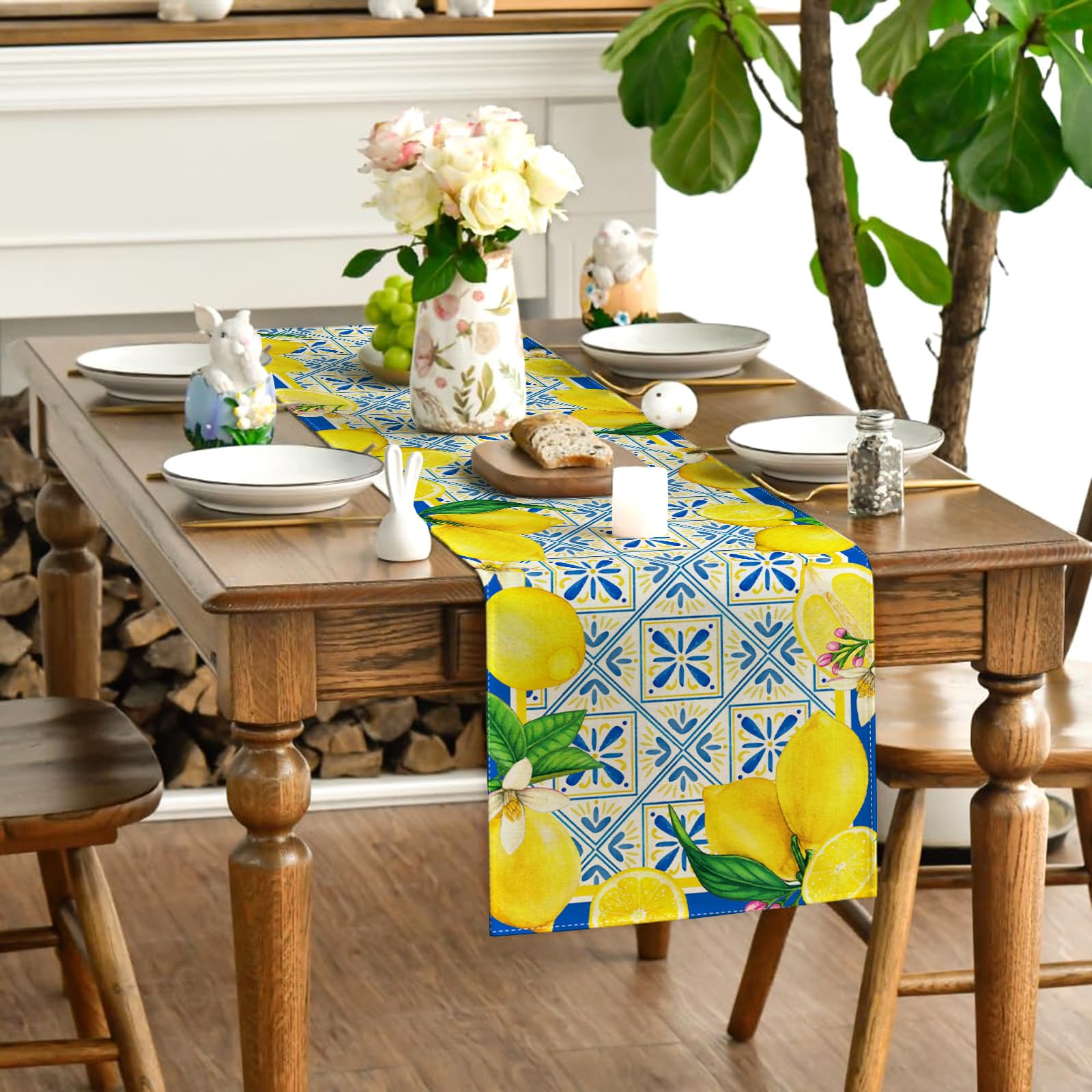 Summer Lemon Table Runner Spring Italian Lemons Table Cover Italy Blue Tiles Lemon Decor Cyan-Blue Tile Burlap Artificial Lemon