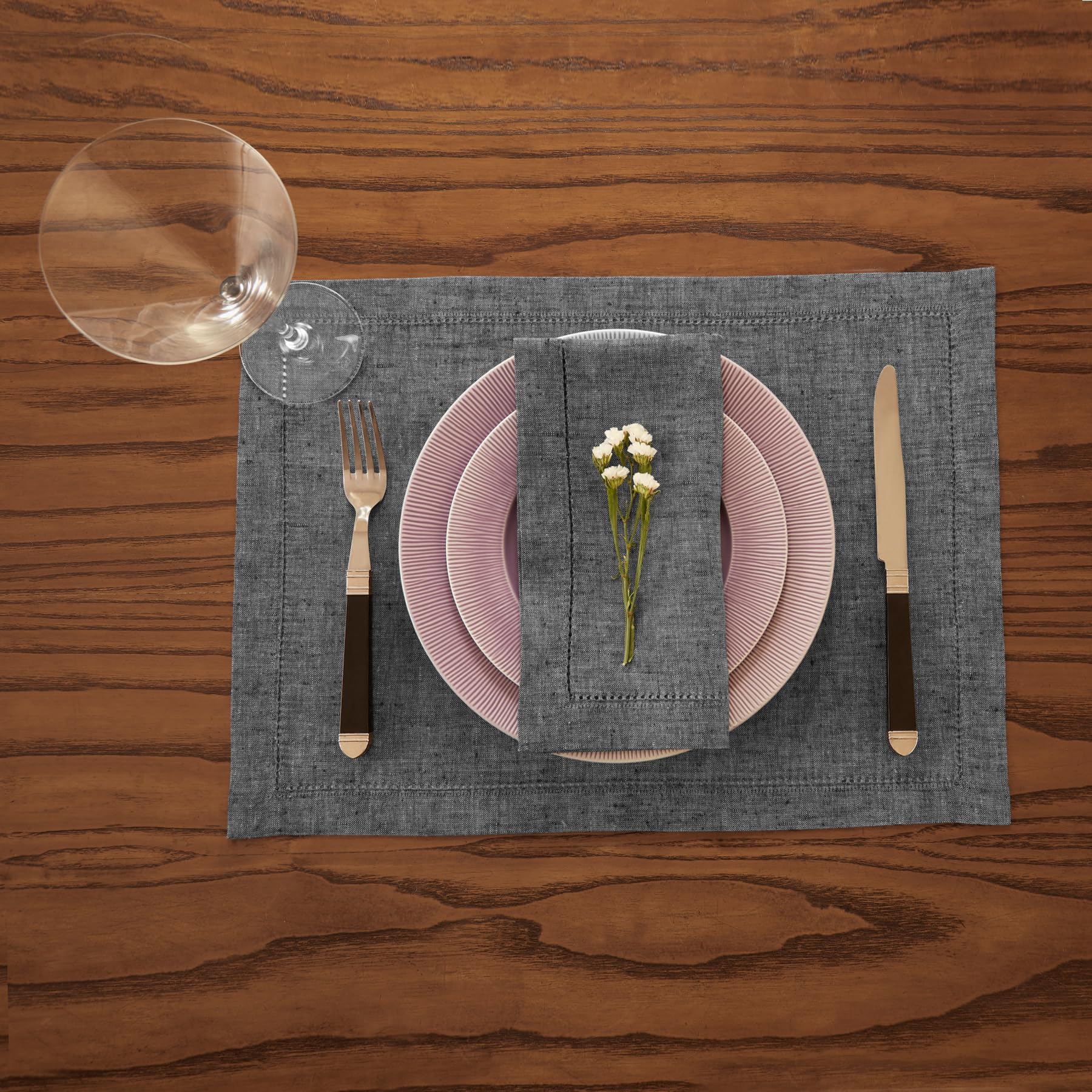 Solino Home Linen Dinner Napkins 20 X 20 Inch - 100% Pure Linen Hemstitch Charcoal Grey Cloth Napkins Set Of 4 - Milan, Handcraf