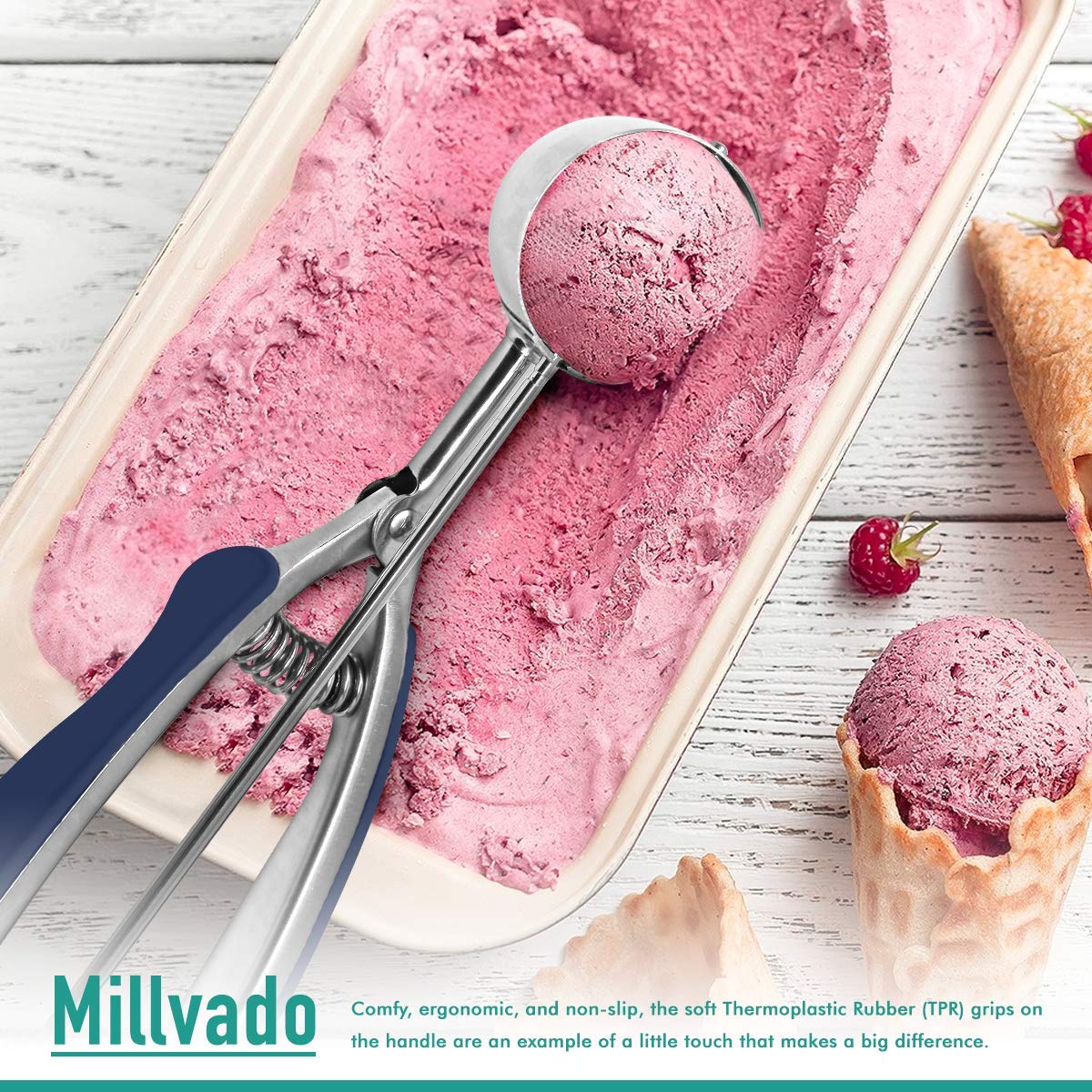 Millvado 3 Pack Stainless Steel Ice Cream And Cookie Scoops | With Blue Rubber Grips - Spring Loaded Lever Design - For Sorbet,
