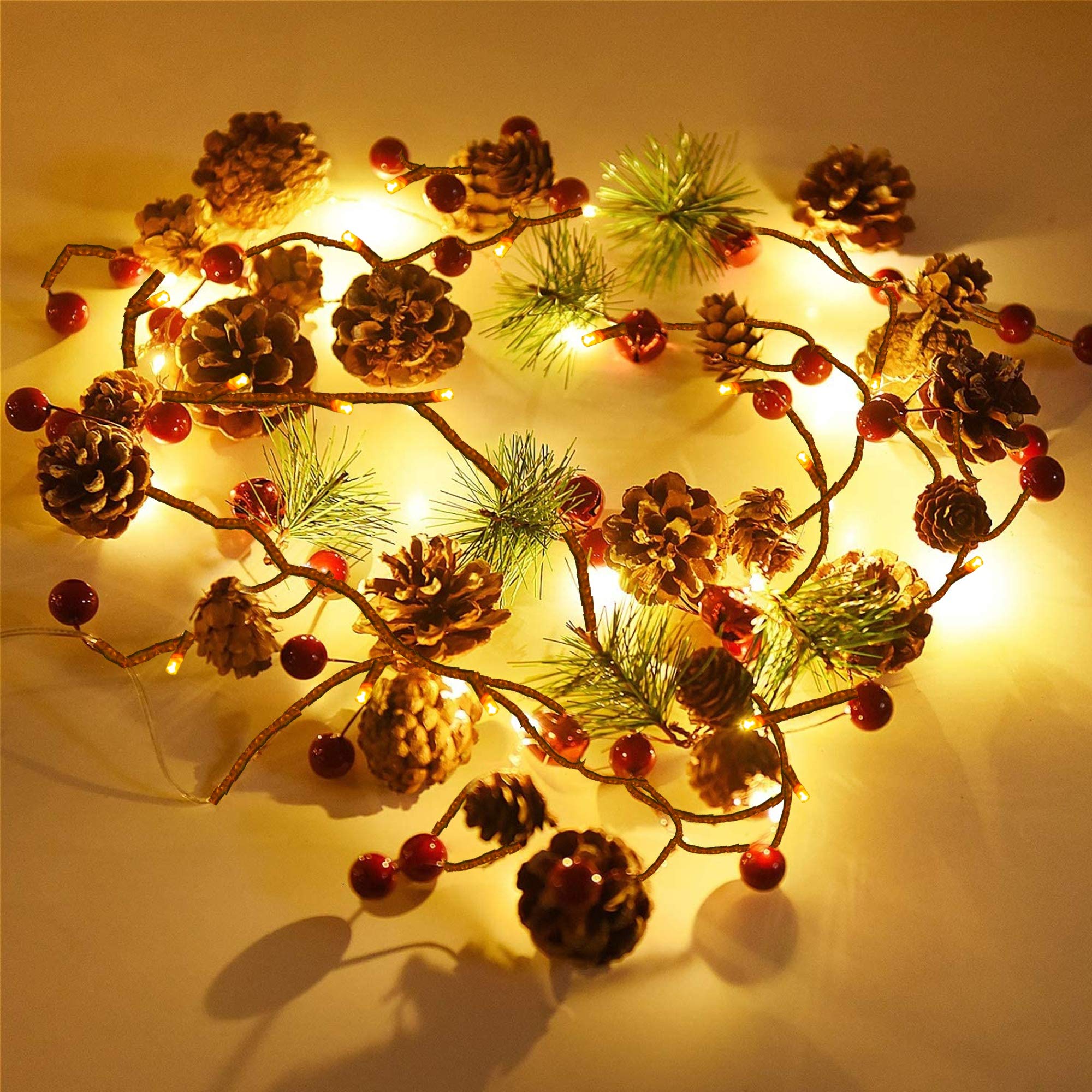 FUNPENY Christmas PineCones String Lights, 6.56Ft 20 LED Pine Needles Red Berries Fall Light Garland, Indoor Outdoor Decor for T