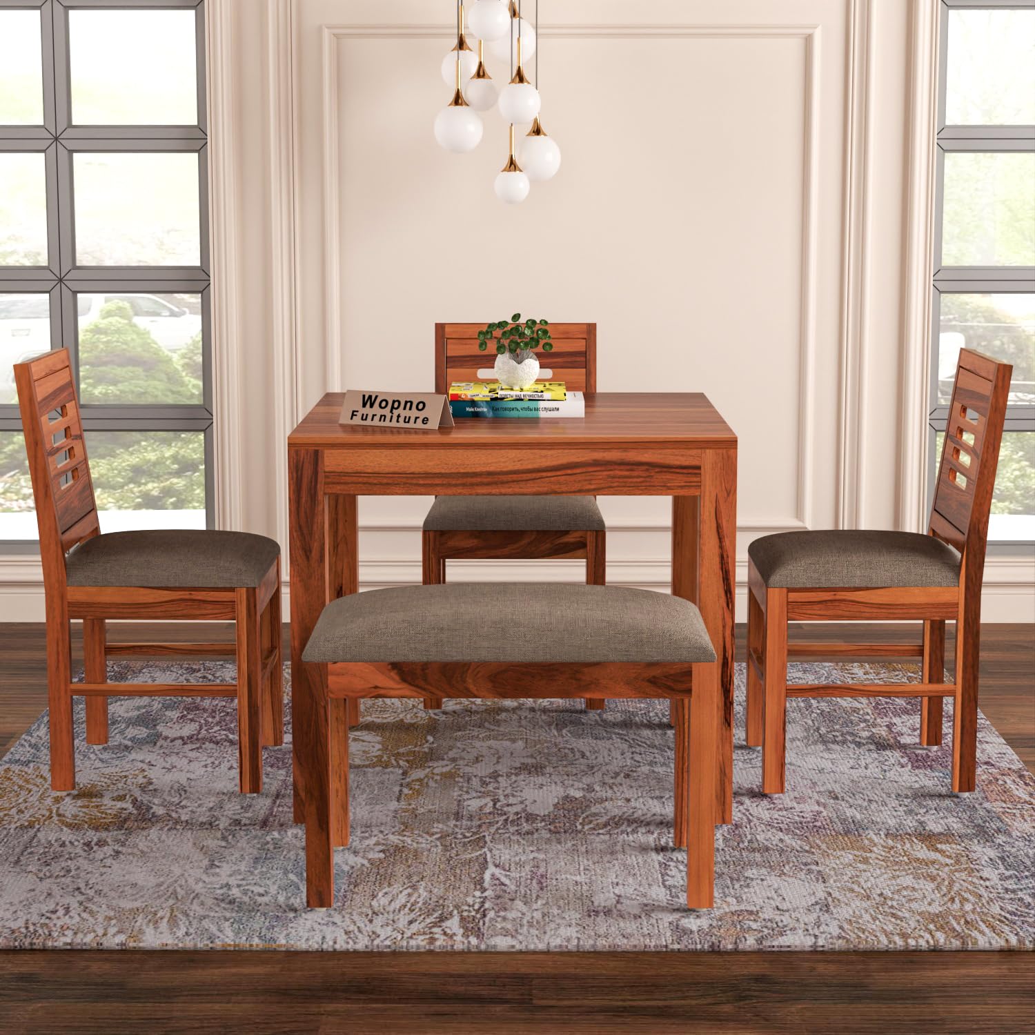 Wopno Furniture Solid Sheesham Wood 3 Chair Ith 1 Bench Dining Table Set With Cushioned Chairs For Dining Room | Living Room | H