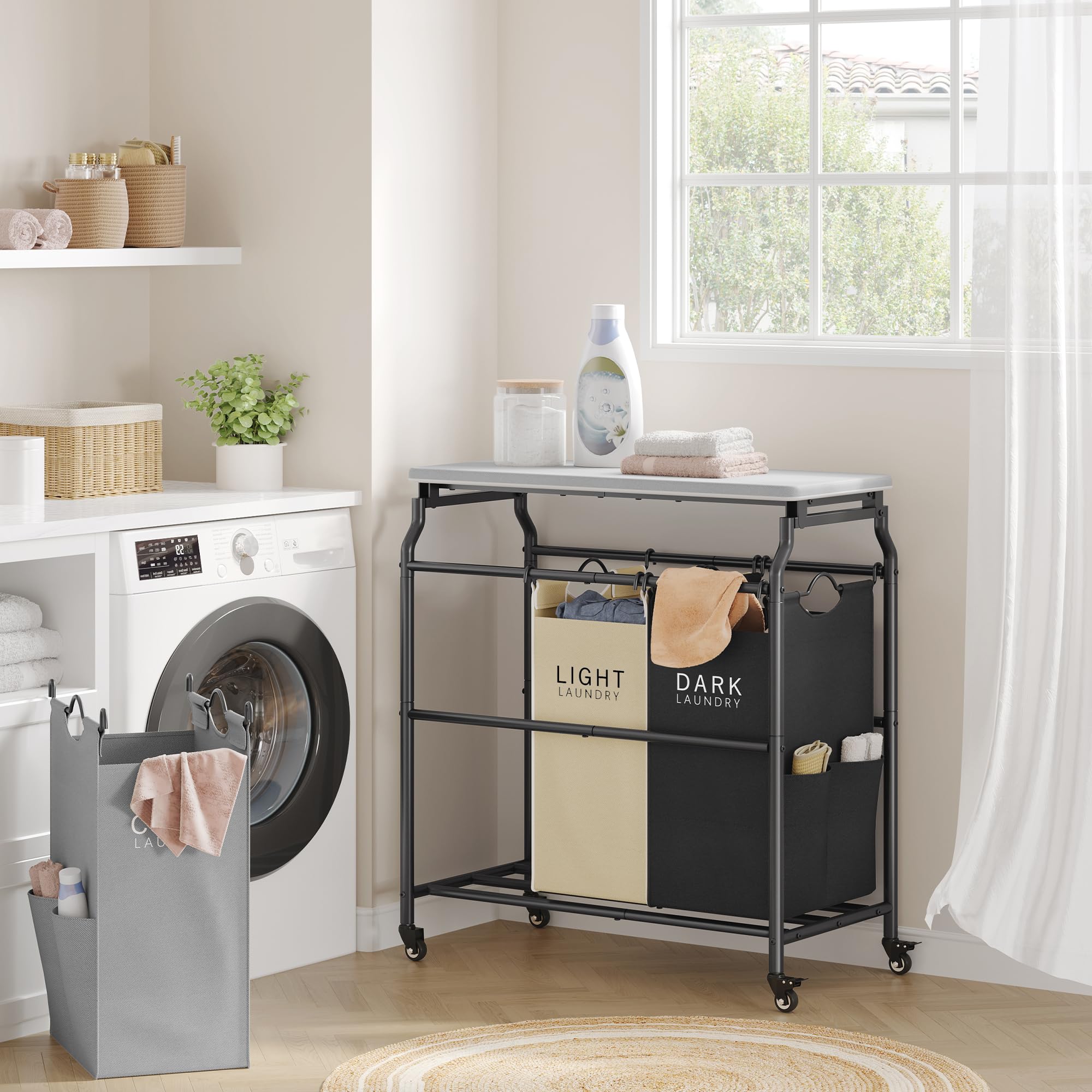 Hoctieon 3 Section Laundry Sorter Cart With Ironing Board, Laundry Hamper With Shelf And Wheels, Heavy Duty Laundry Basket Organ