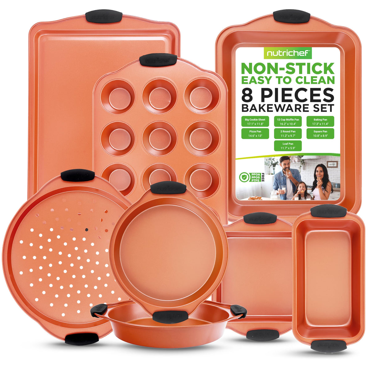 Nutrichef 8 Piece Baking Pans Set - Nonstick Carbon Steel Bakeware Set W/ Silicone Heat-Safe Handles - Includes Loaf Pan, Muffin