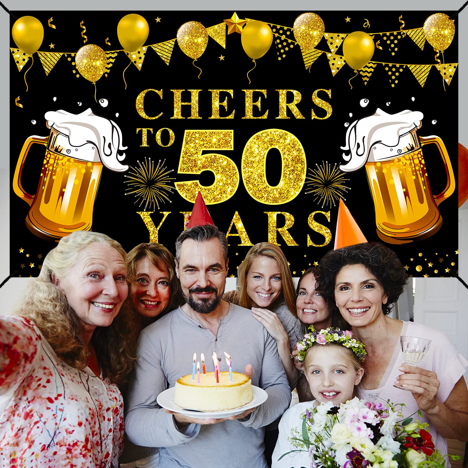 Lnlofen Cheers To 50 Years Banner Backdrop, Black Gold Happy 50Th Birthday Decorations, 50 Anniversary Banner Poster Sign Party