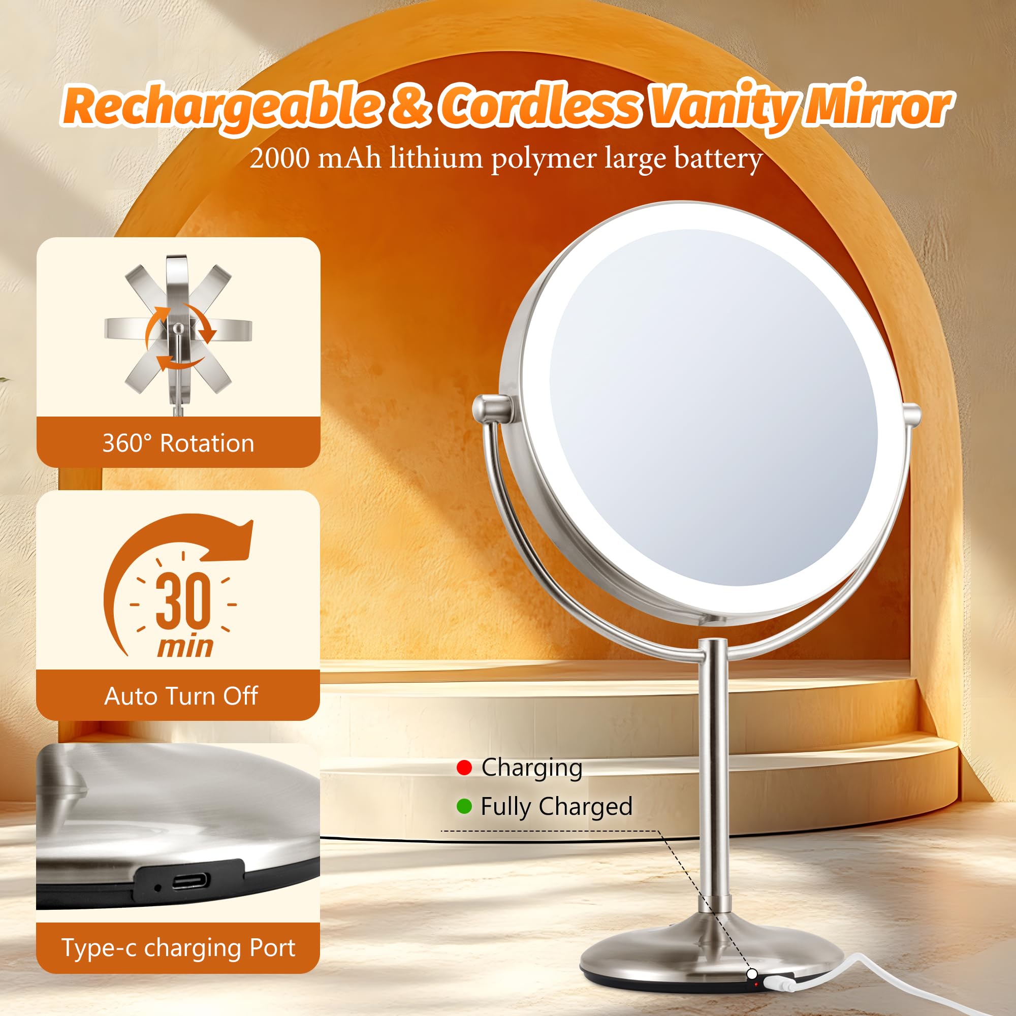 Lighted Makeup Mirror With Magnification: 1X/10X Magnifying Vanity Mirror With 3 Color Dimmable Light, 9'' Large Rechargeable St