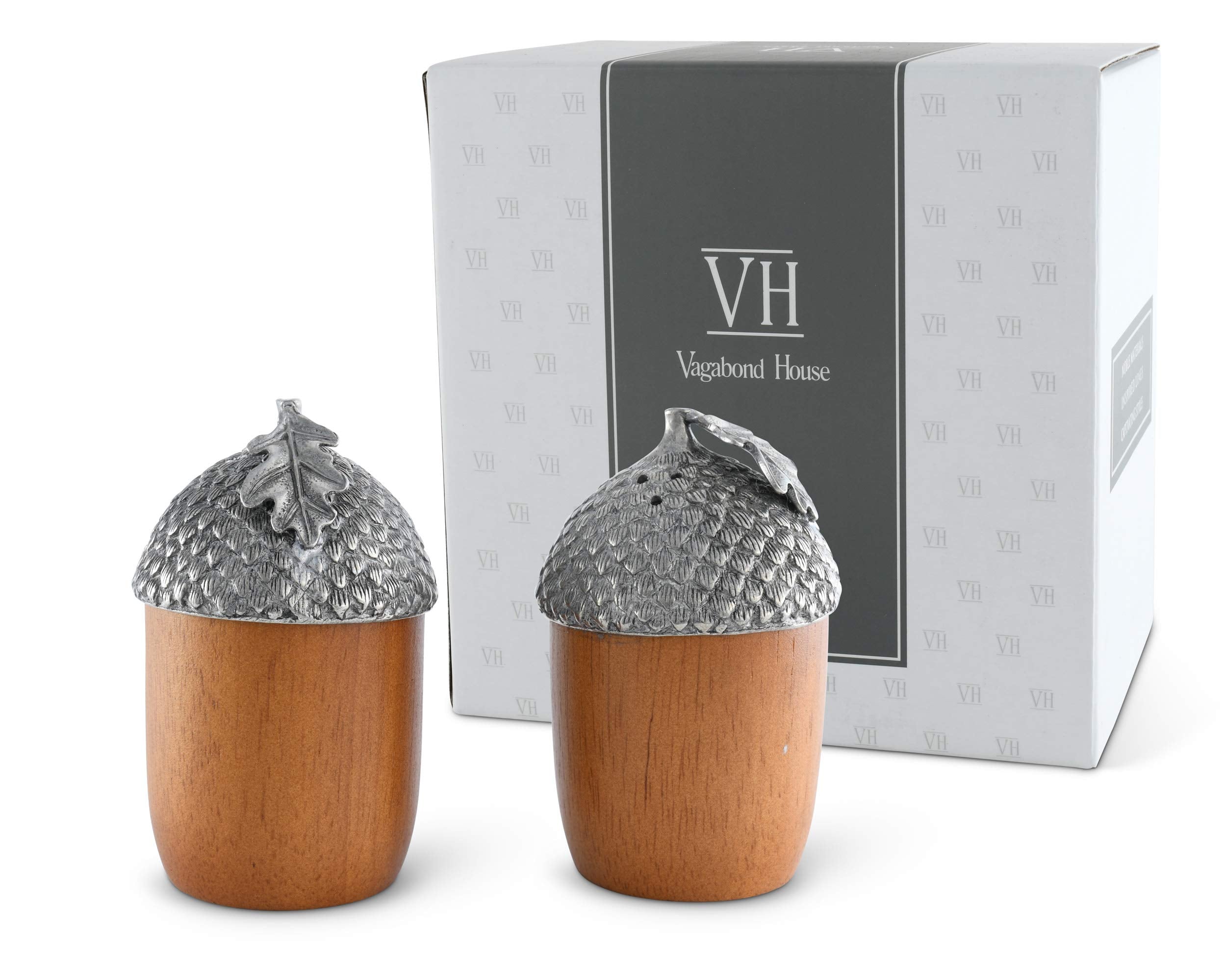 Vagabond House Acorns Wood And Pewter Metal Salt And Pepper Shaker Set 2 Inch X 3.5 Inch