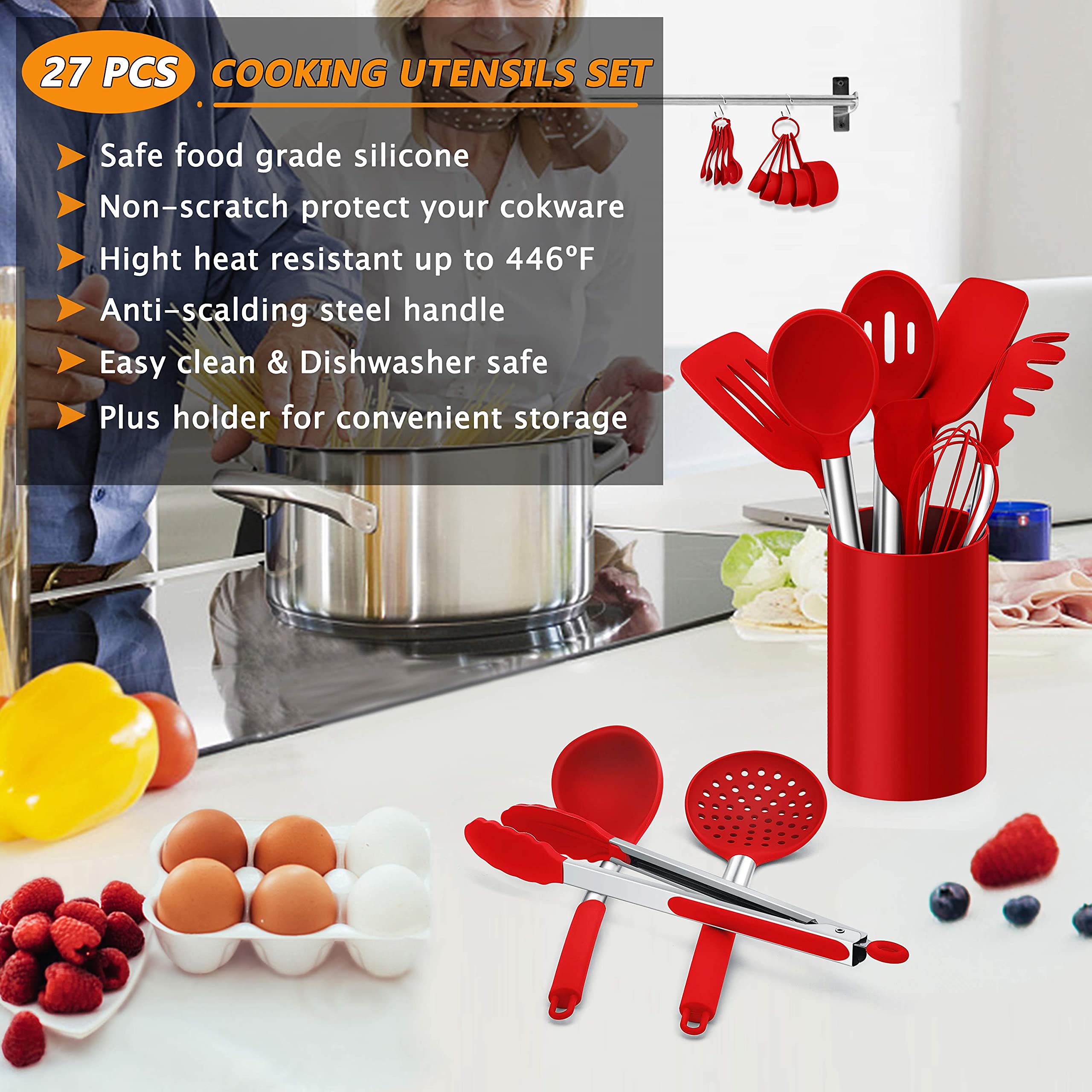 Lianyu 27 Pcs Kitchen Utensils Set With Holder, Silicone Cooking Utensils Spatula Set With Stainless Steel Handle, Kitchen Cooki