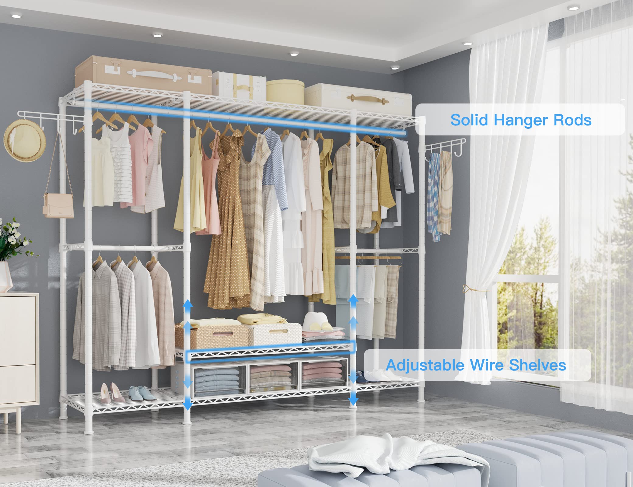 Ulif E3 Heavy Duty Garment Rack, 4 Tiers Freestanding Closet Organizer System With 5 Shelves, Metal Closet Organizer And Storage