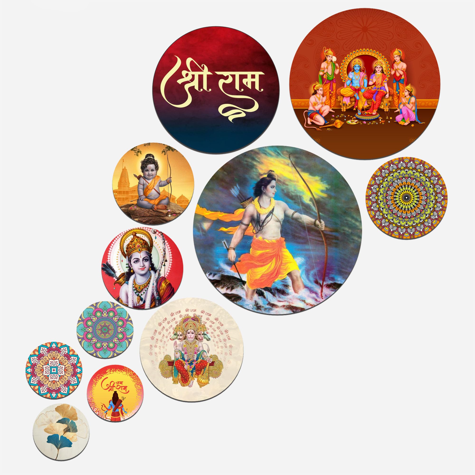 Artvibes Lord Shri Ram Parivaar & Hanumanji Round Shape Mdf Wooden Wall Art For Home Decoration | Spiritual Decor Items | Wall I