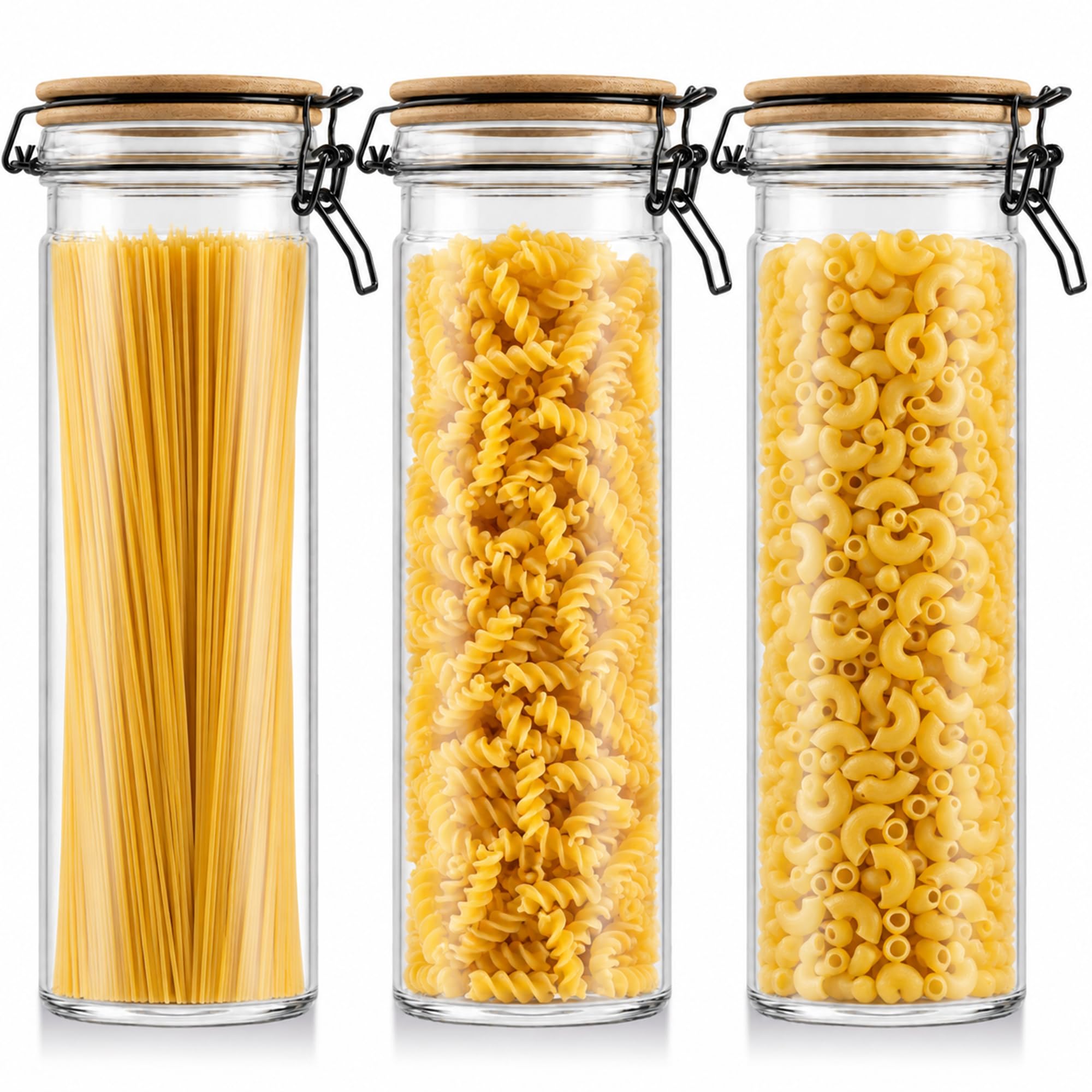 (3 Pack) 69oz Tall Airtight Glass Jars With Bamboo Lids, Food Storage Jar with Lids, Tall Spaghetti Container with Clear Preserv