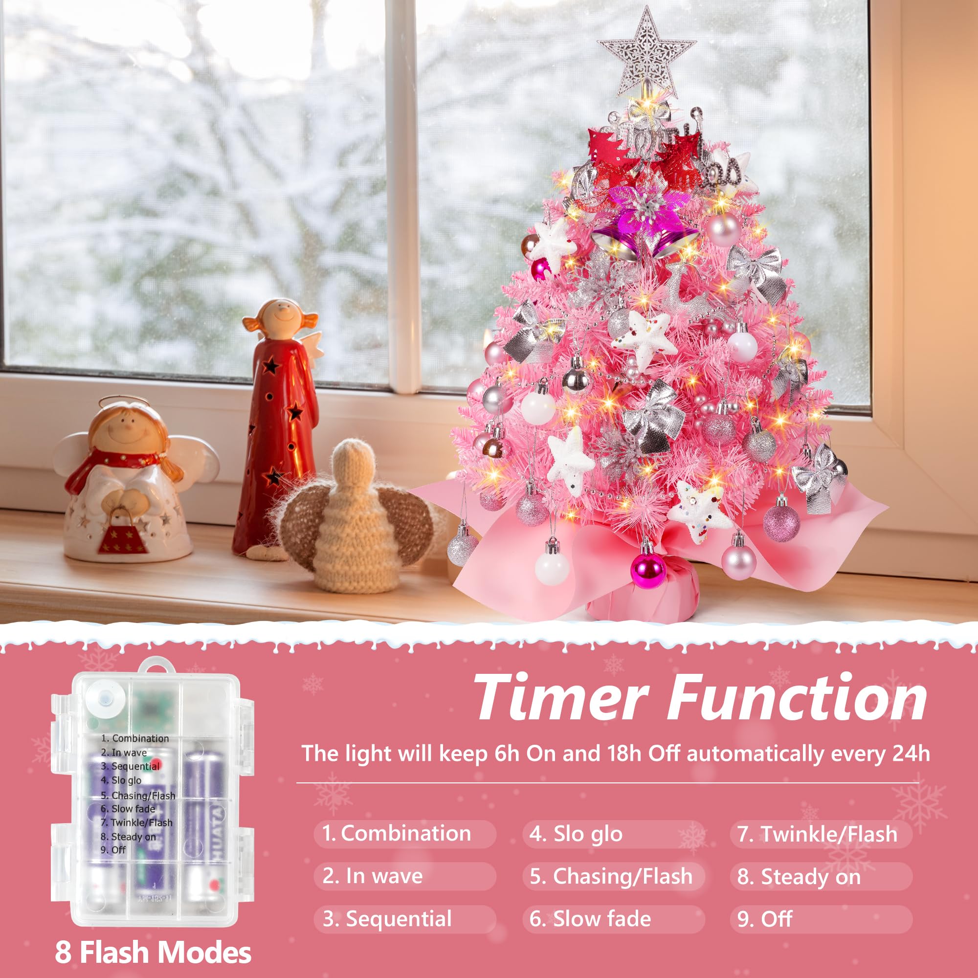 Pink Christmas Tree, 2FT Mini Artificial Christmas Trees, 100 Lifelike Branches, 60 Twinkle LED Lights, 70 Ornaments, 24 Inches