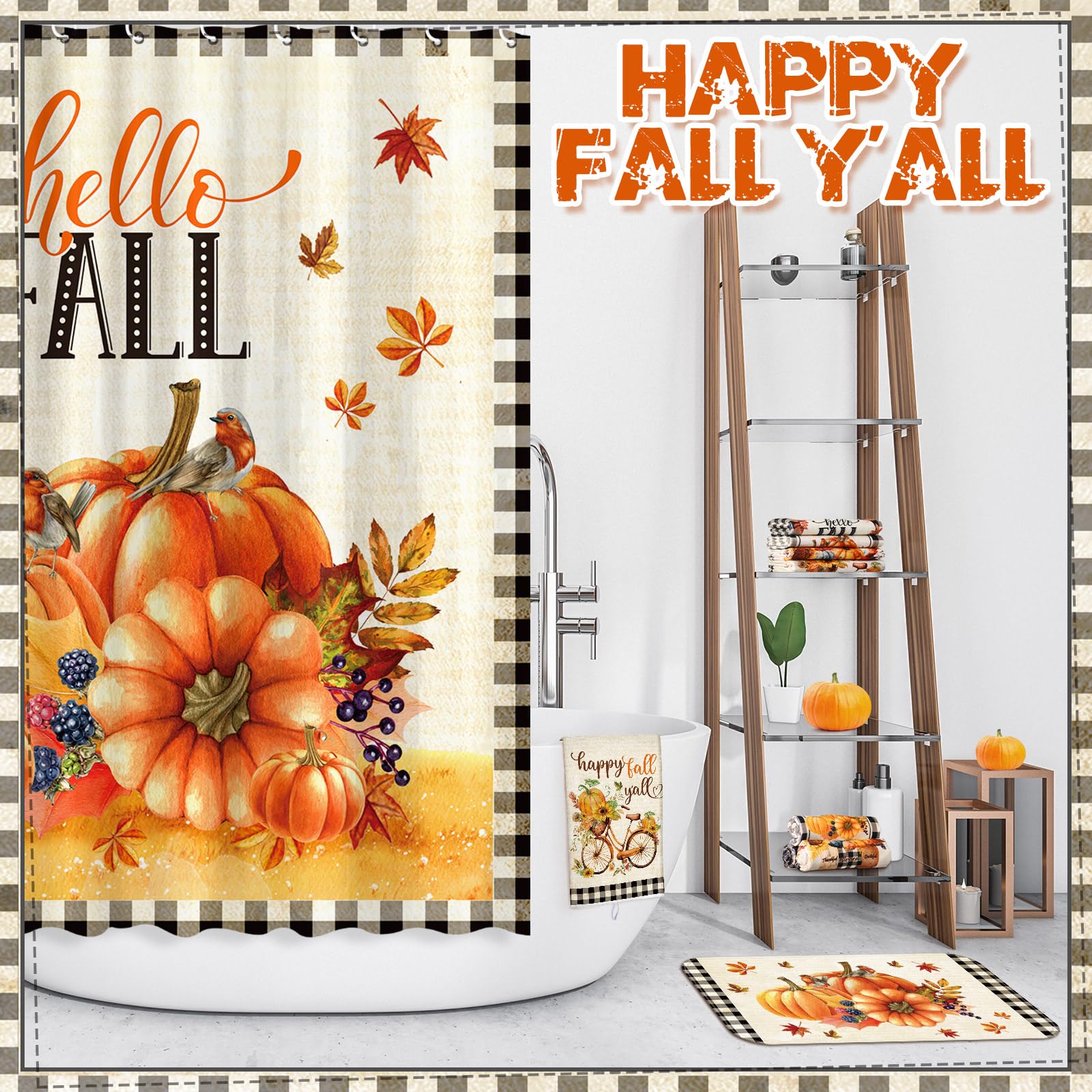 FuWeave 8 Pcs Thanksgiving Shower Curtain Set for Bathroom Decor Include Fall Grid Harvest Autumn Pumpkin Shower Curtain Towels