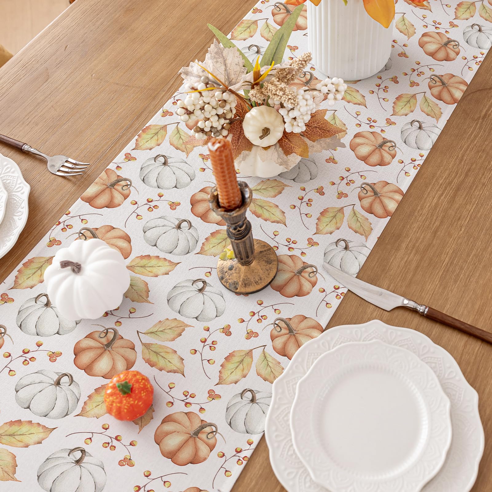 Romanstile Orange Pumpkin Fall Table Runner 13 x 72 Inch, Autumn Thanksgiving Harvest Farmhouse Style Table Decoration for Dinin