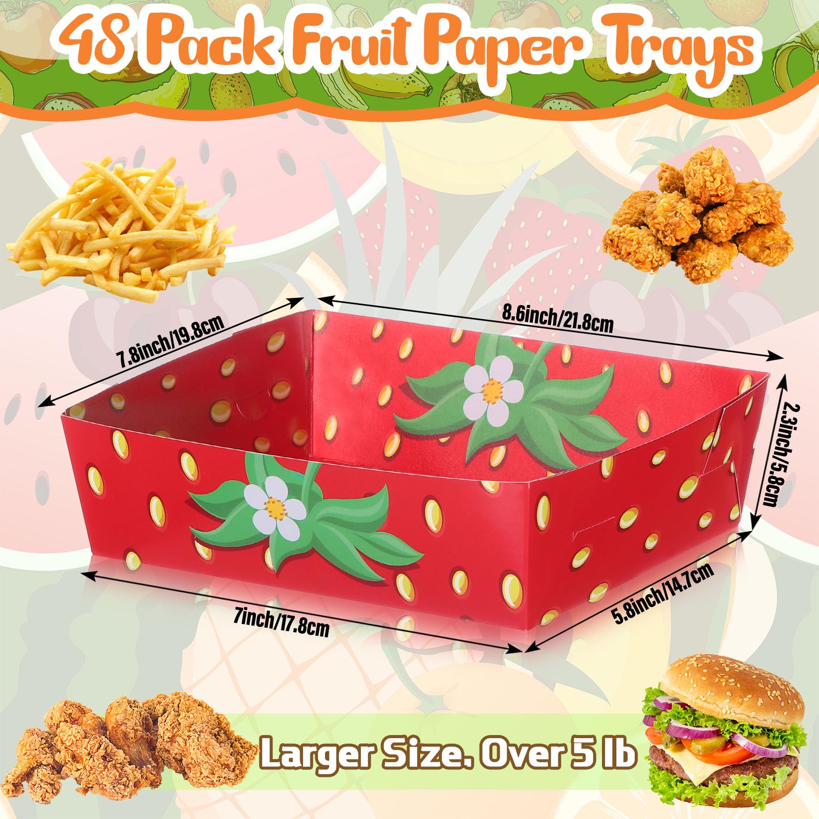 48 Pack Fruit Paper Trays Summer Fruit Print 5 Lb Disposable Serving Trays For Burger Fries, Hot Dog Taco Bbq Popcorn For Themed