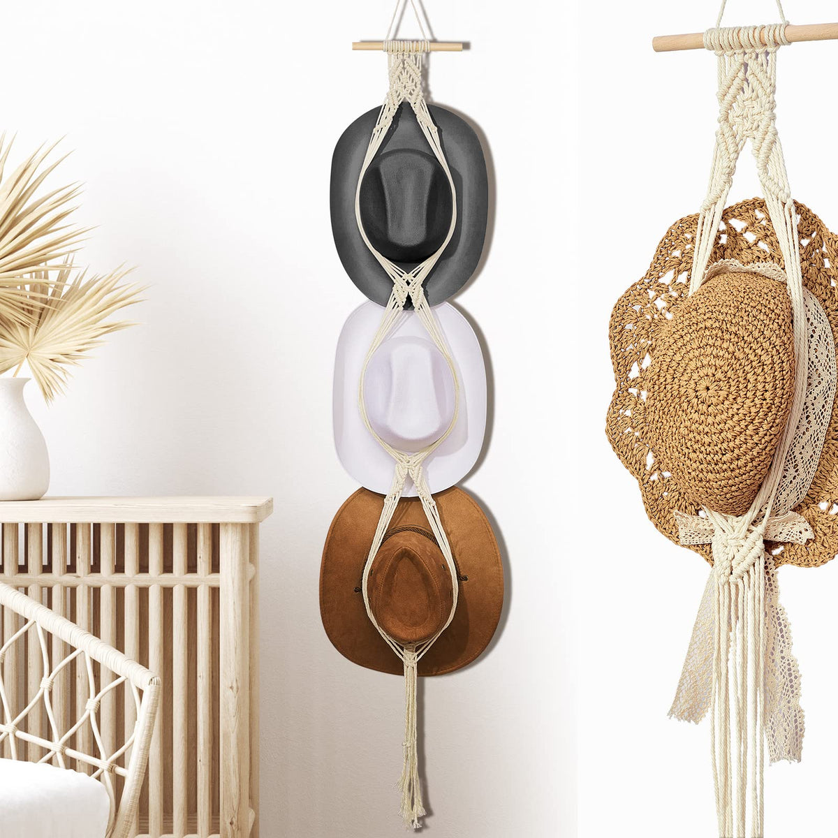 Yulejo Macrame Hat Hangers Boho Hat Rack Cowboy Hat Hanger Back Of Door Hat Organizer (White,Three Hats Style)