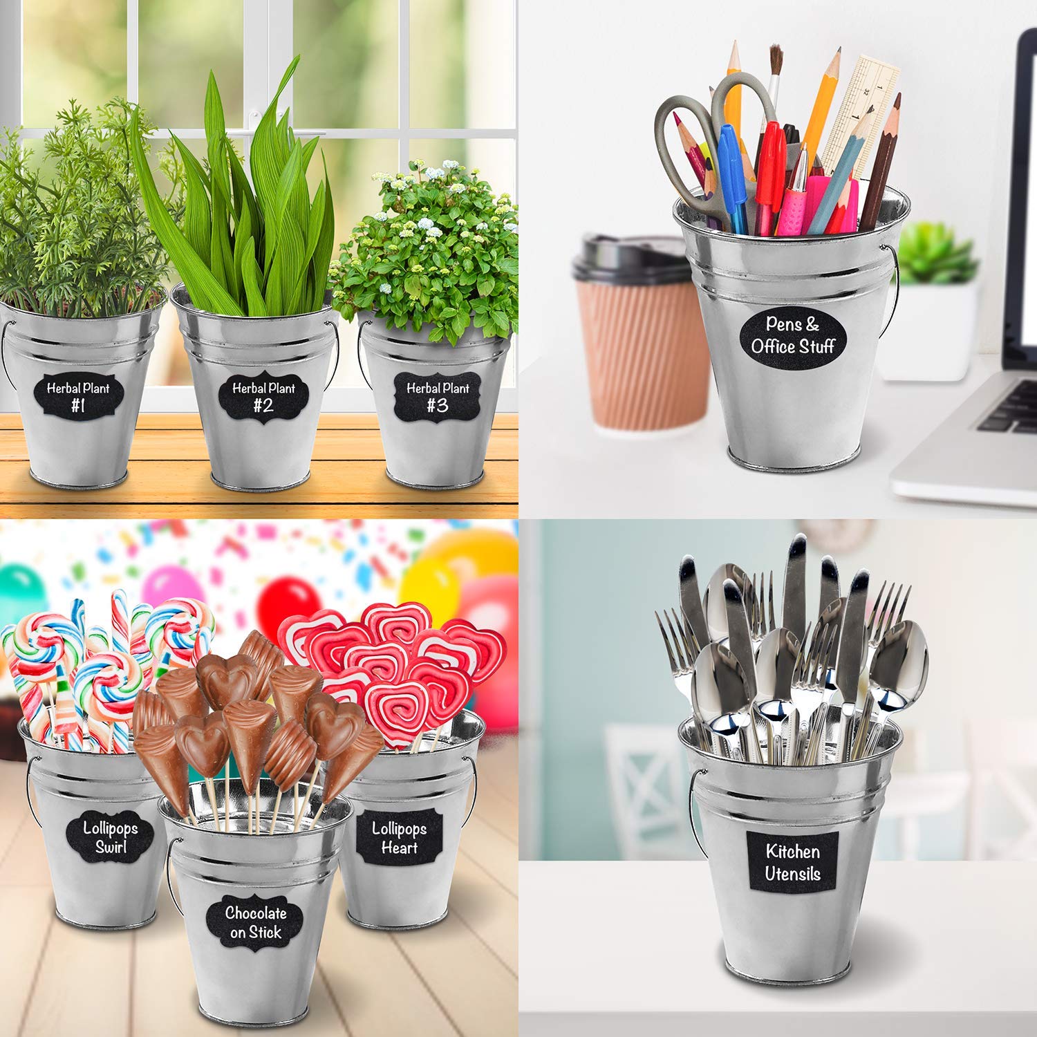 Artcreativity Large Galvanized Metal Buckets Set, Includes 12 Rustic Pails With Handles, 24 Chalkboard Labels And 1 Liquid Chalk