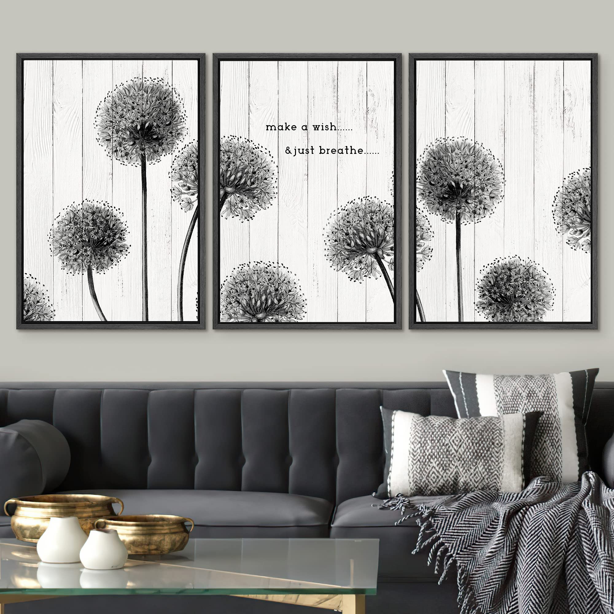Signwin Framed Canvas Print Wall Art Set Wood Panel Style Dark Dandelion Flowers Nature Wilderness Illustrations Art Decorative