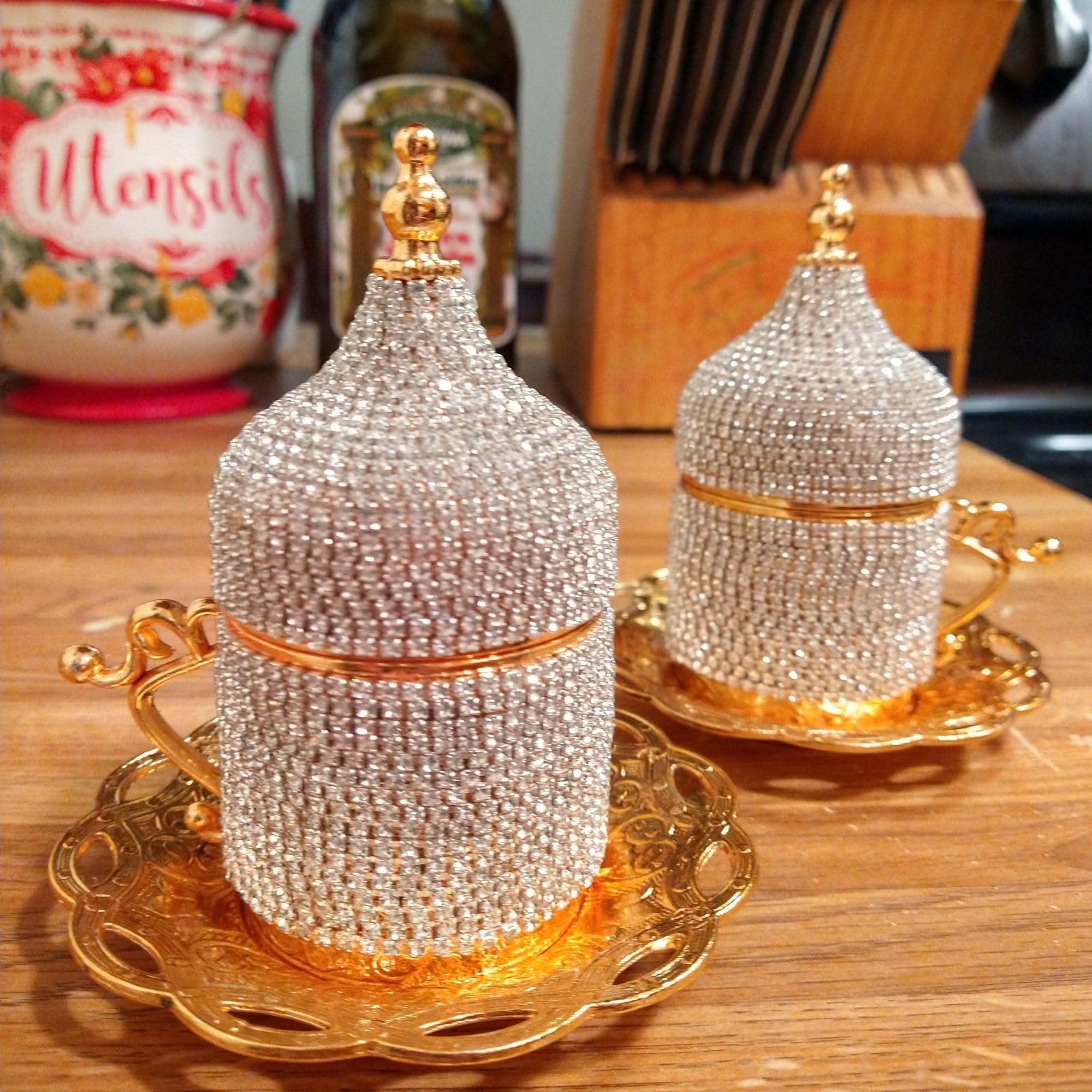 2 Count Turkish Coffee Cup Set Saucers Holders Decorated (Gold)