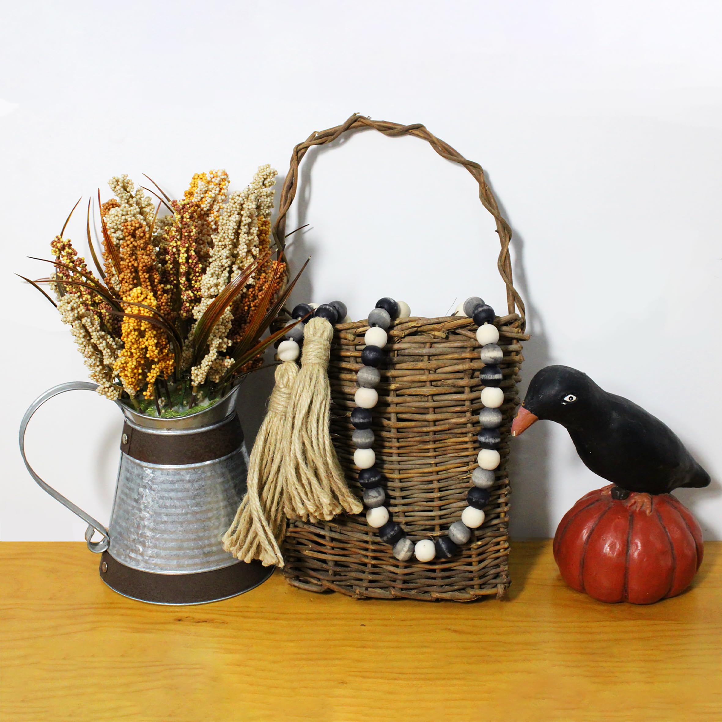 CVHOMEDECO. Wood Beads Garland with Tassels Farmhouse Rustic Wooden Prayer Bead String Wall Hanging Accent for Home Festival Dec