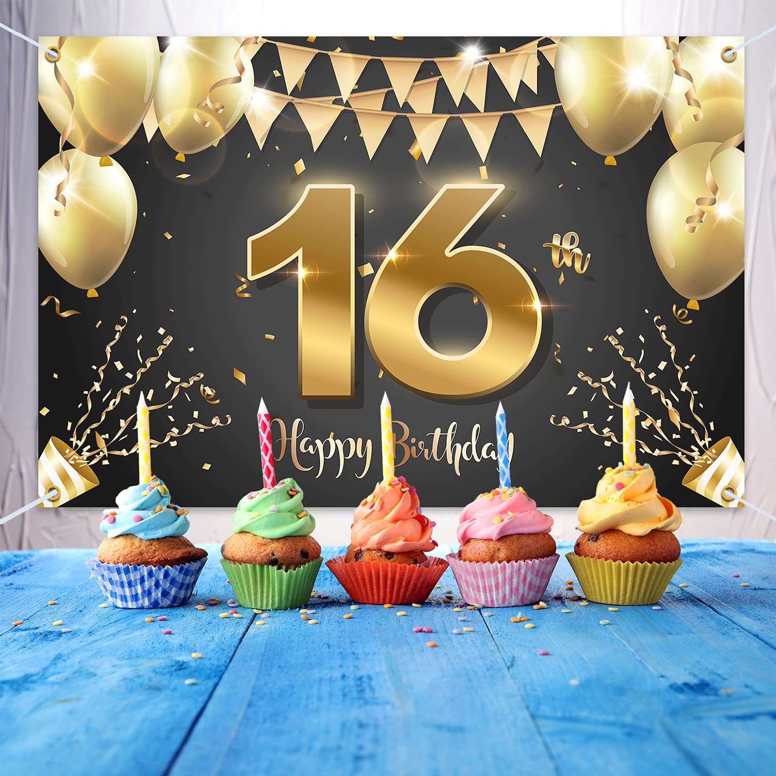 Hamigar 6X4Ft Happy 16Th Birthday Banner Backdrop - 16 Years Old Birthday Decorations Party Supplies For Girls Boys - Black Gold