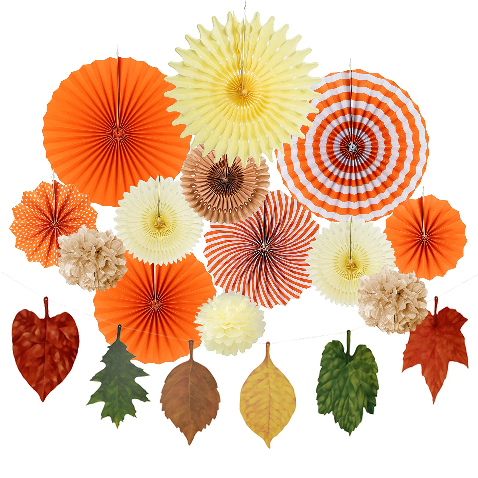 Easy Joy 14 Pcs Fall Party Decorations, Orange Hanging Paper Fans Autumn Paper Pompoms Paper Lanterns Maple Leaves Bunting Garla