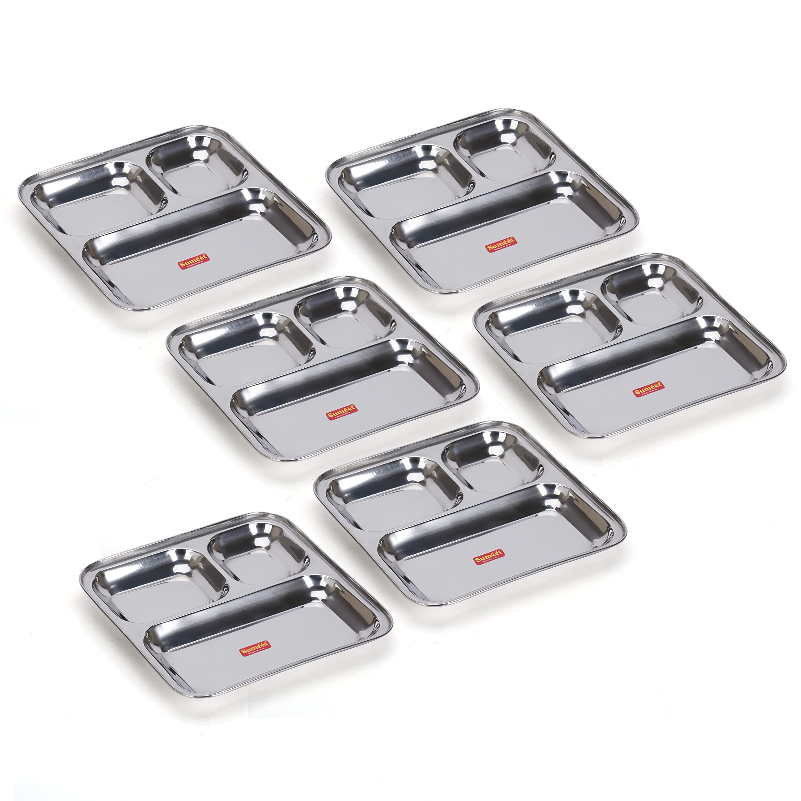 Sumeet Stainless Steel 3 in 1 Idli WADA Compartment Plate Snack Plate Breakfast Plate Set of 6Pcs  21.7cm Dia  Silver
