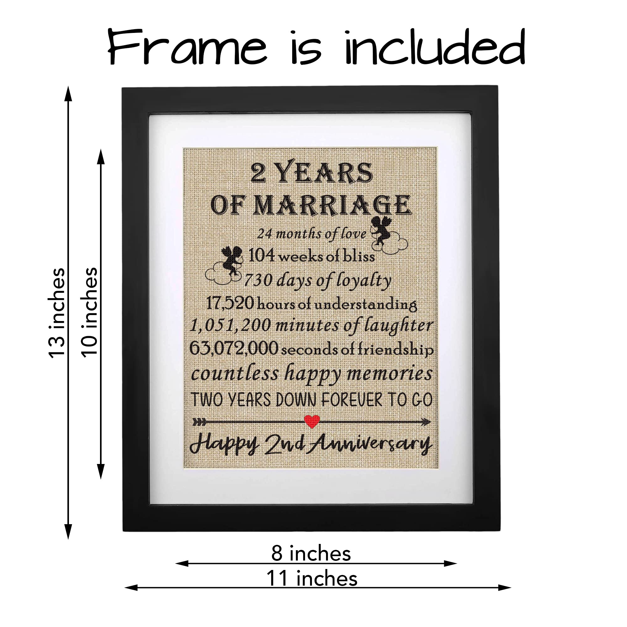 Framed 2nd Anniversary Burlap Print Gifts for 2nd Wedding Anniversary Keepsake Gift for Husband Wife Cotton Anniversary 2 Years of Marriage Couples Gift for 2nd Anniversary (Frame - 2nd)