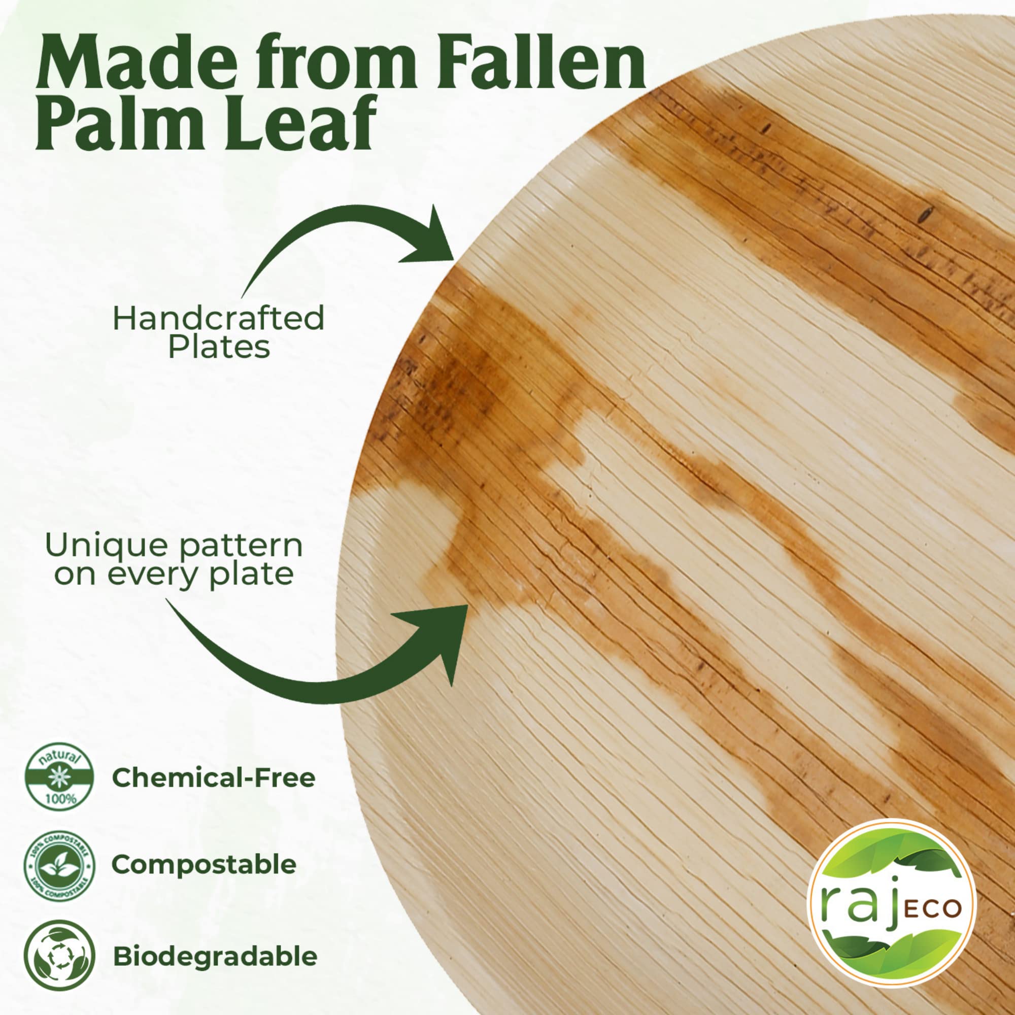 Raj Palm Leaf Plates [100-Pack] 10'' Round Plates Like Bamboo Plates Disposable, Strong, Decorative Compostable Tableware For We
