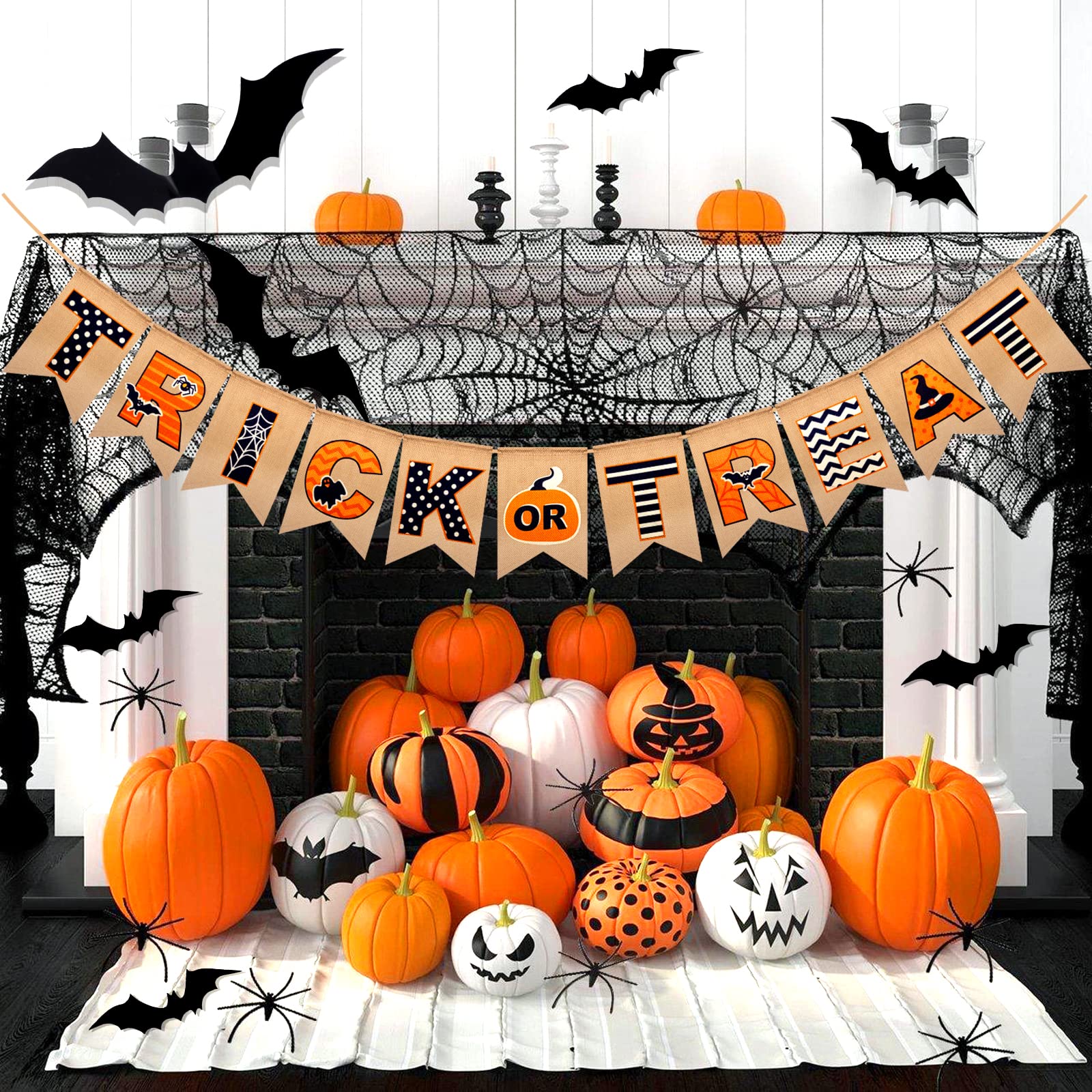 Halloween Banner For Mantle - Happy Halloween Garland Banner Burlap Trick Or Treat Banner Hanging Decor For Fireplace Home Hallo