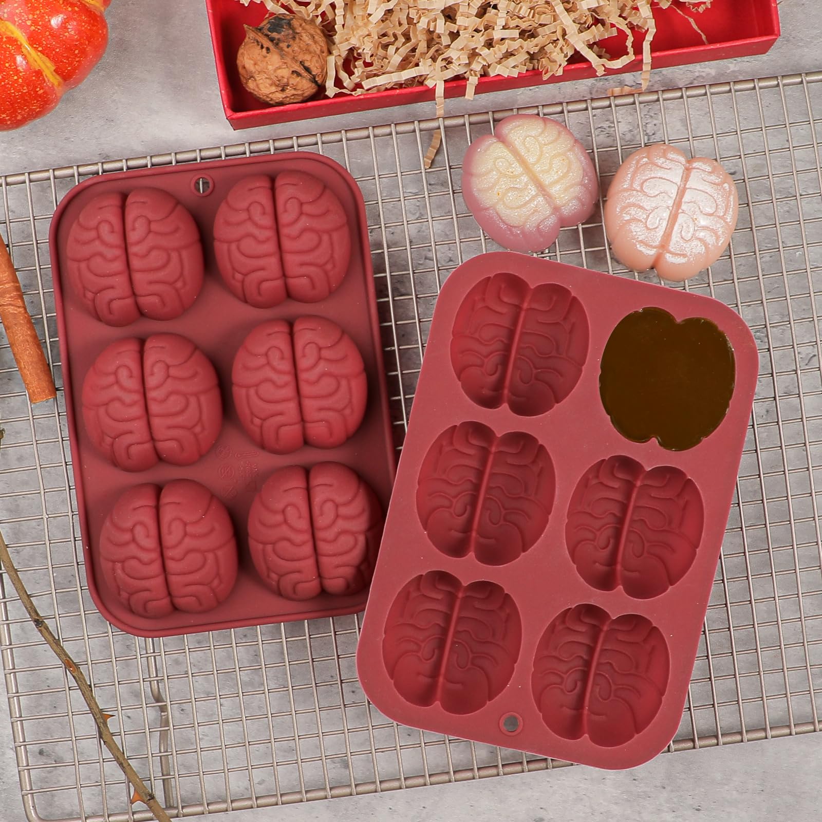 Kamehame Brain Chocolate Molds, 2 Pcs Halloween Silicone Brain Cake Candy Cupcake Mold