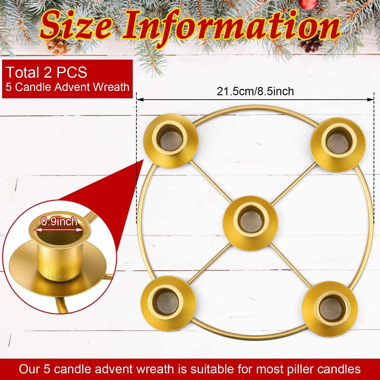 Newtay 2 Pack Christmas Advent Wreath Candle Holder 5 Candle 8.5 Inch Advent Wreath Ring Table Decoration Xmas Metal Ring for Ch