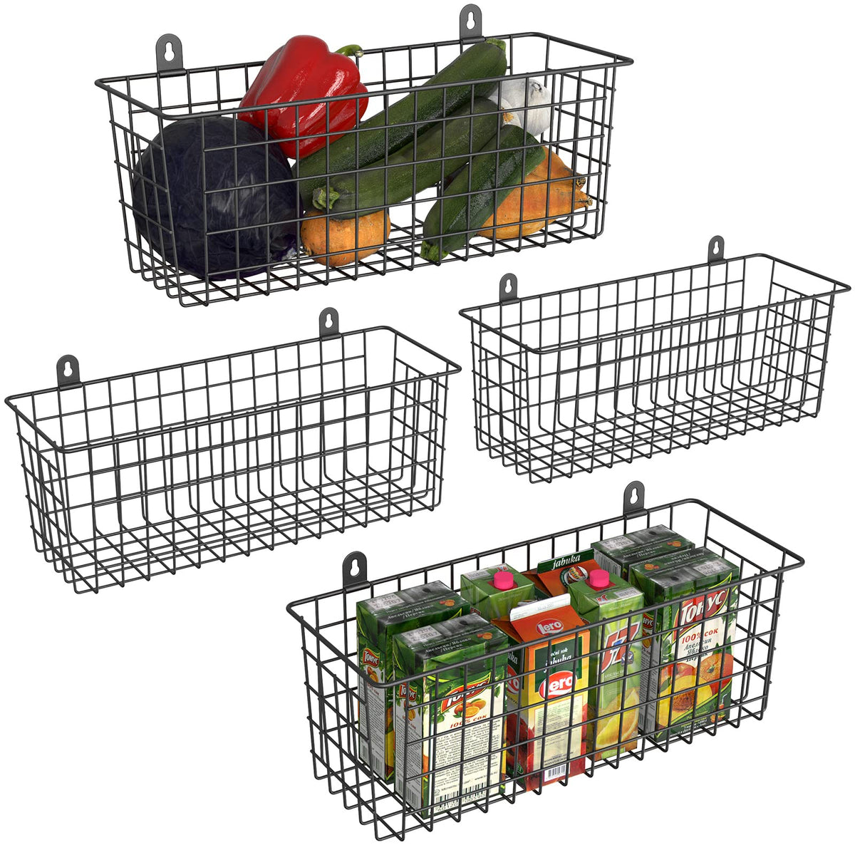 Marafansie Extra Large Hanging Wall Basket 4-Pack Wall Mounted Wire Basket Cabinet Storage Bin Organizer Wall Shelves Farmhouse