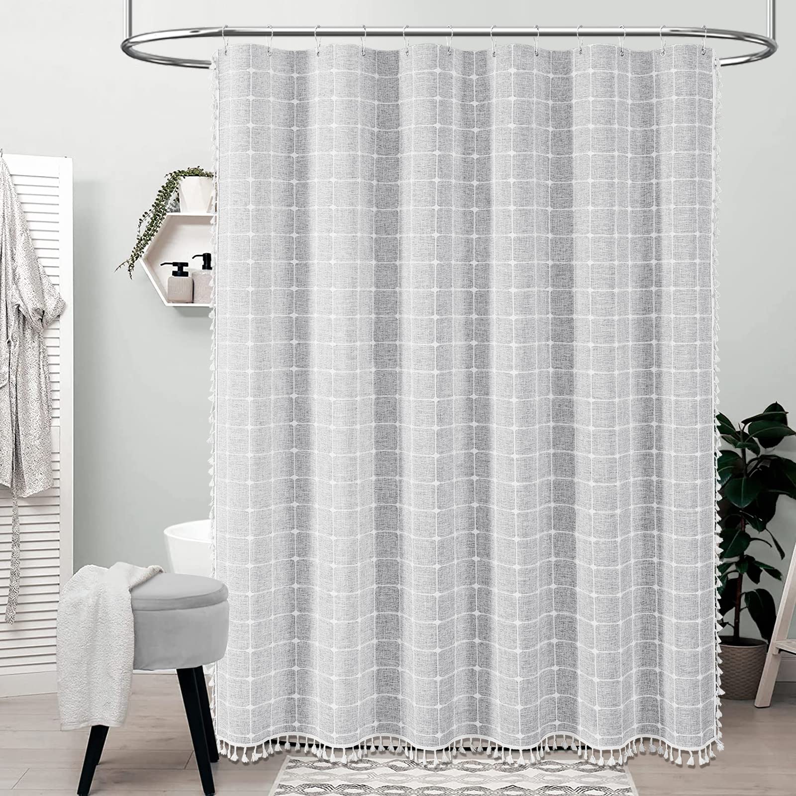 BTTN Boho Farmhouse Shower Curtain ?Linen Rustic Heavy Duty Fabric Shower Curtain Set with Tassel  Water Repellent  Bohemian Vintage Country Thick Cloth Shower Curtains for Bathroom  Gray/Grey  72x72