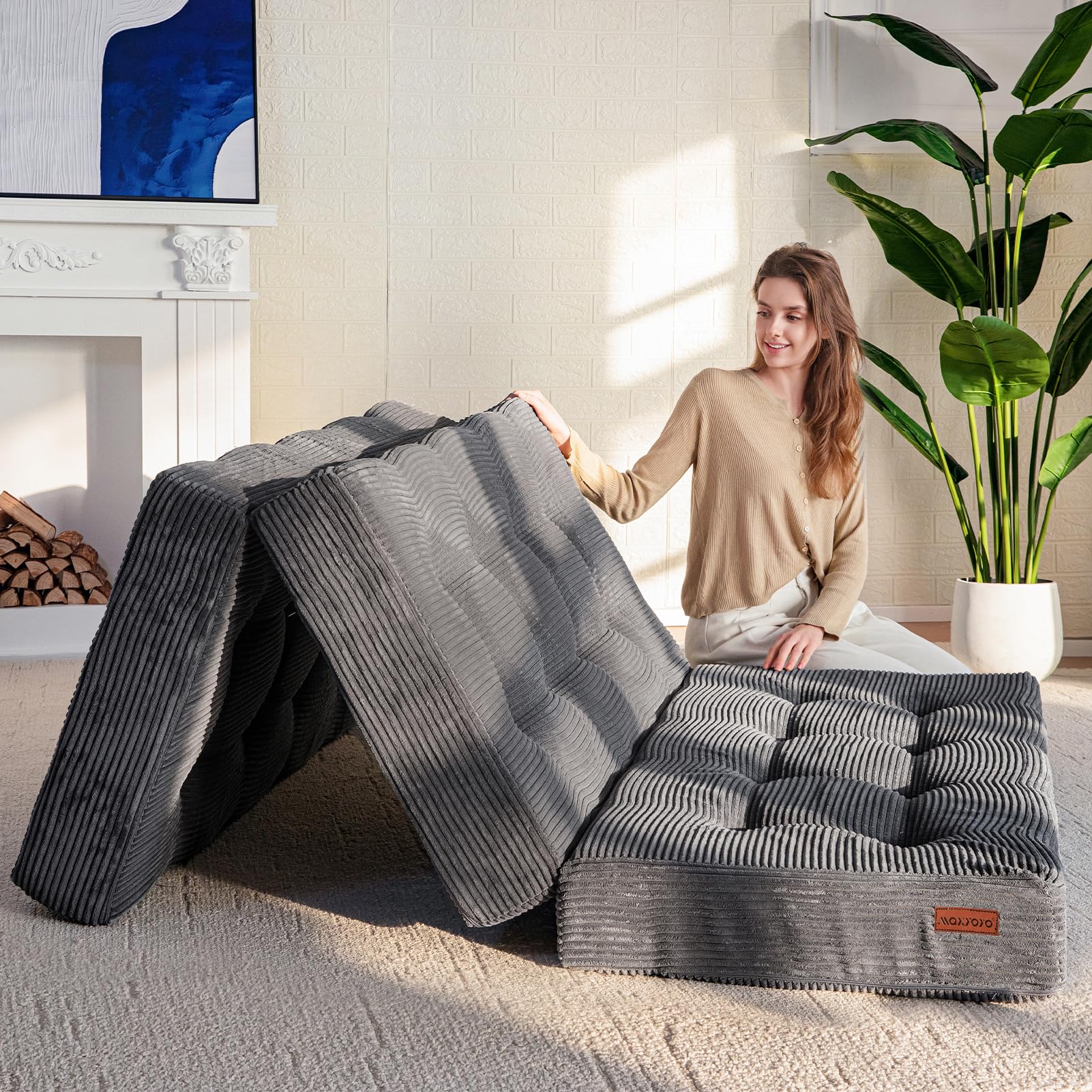 MAXYOYO Tri-Fold Mattress, 6 Inch Tufted Folding Futon Foam Bed, Foldable Floor Mattress Guest Bed Futon Topper Portable Camping